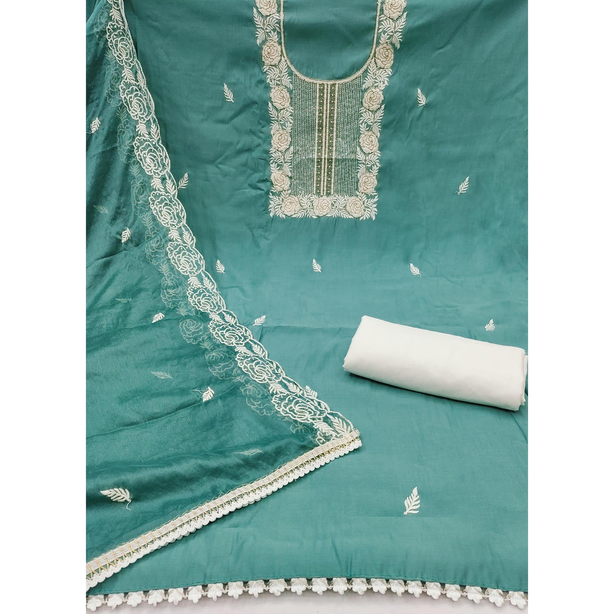 Teal Cotton Silk Dress Material Embellished With Floral Embroidery & Intricate Handwork