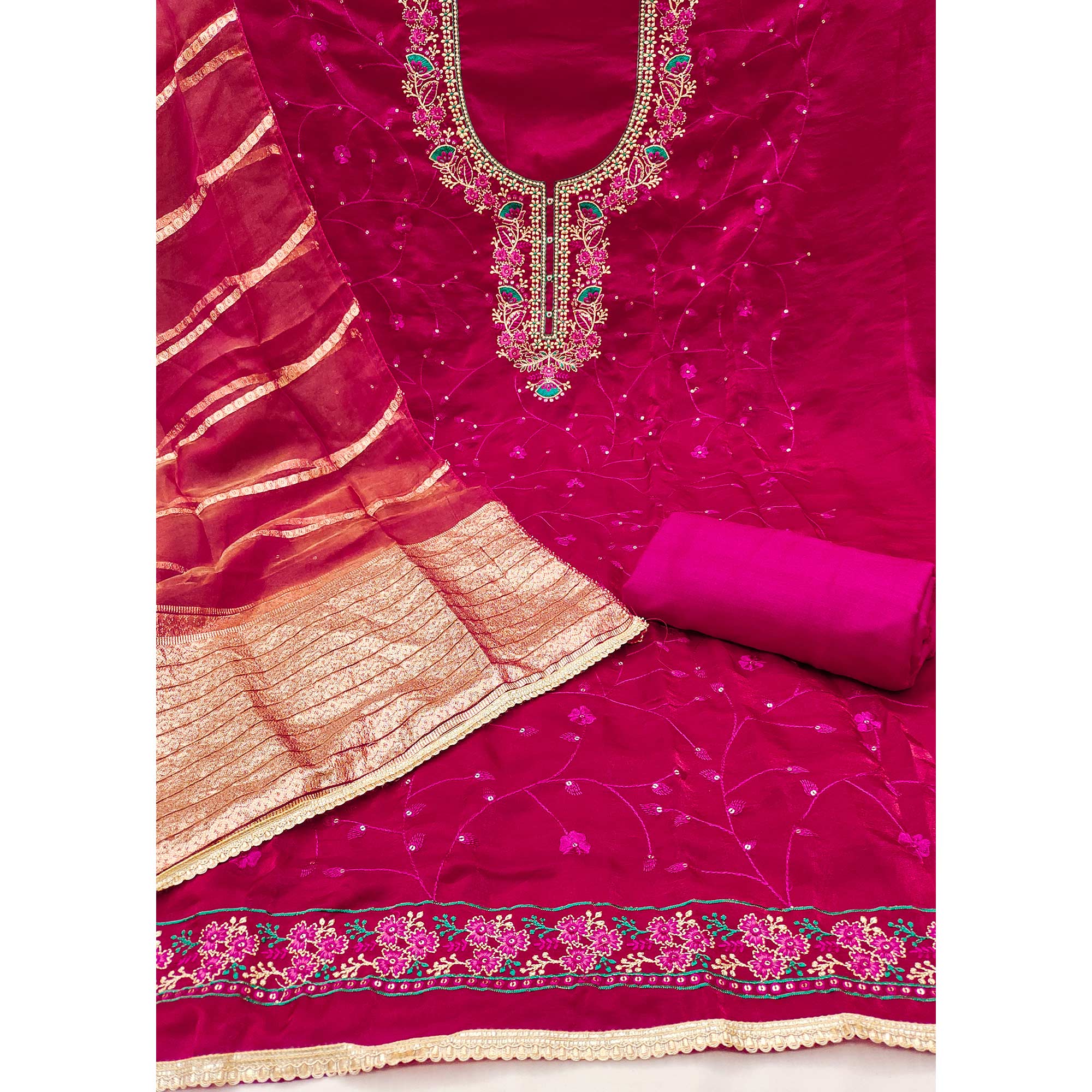 Pink Georgette Silk Dress Material Beautified With Floral Sequins Embroidery