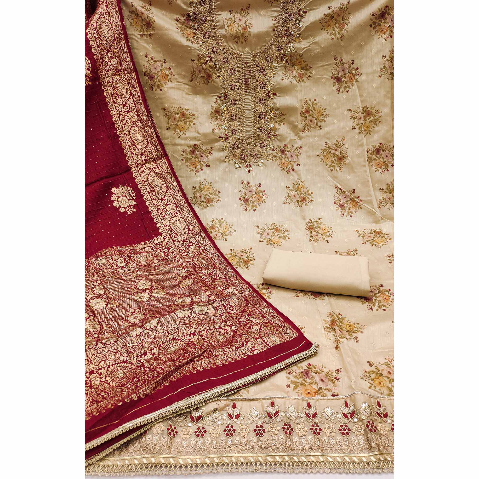 Chikoo Chanderi Silk Dress Material Adorned With Floral Sequins Embroidery & Delicate Moti Handwork