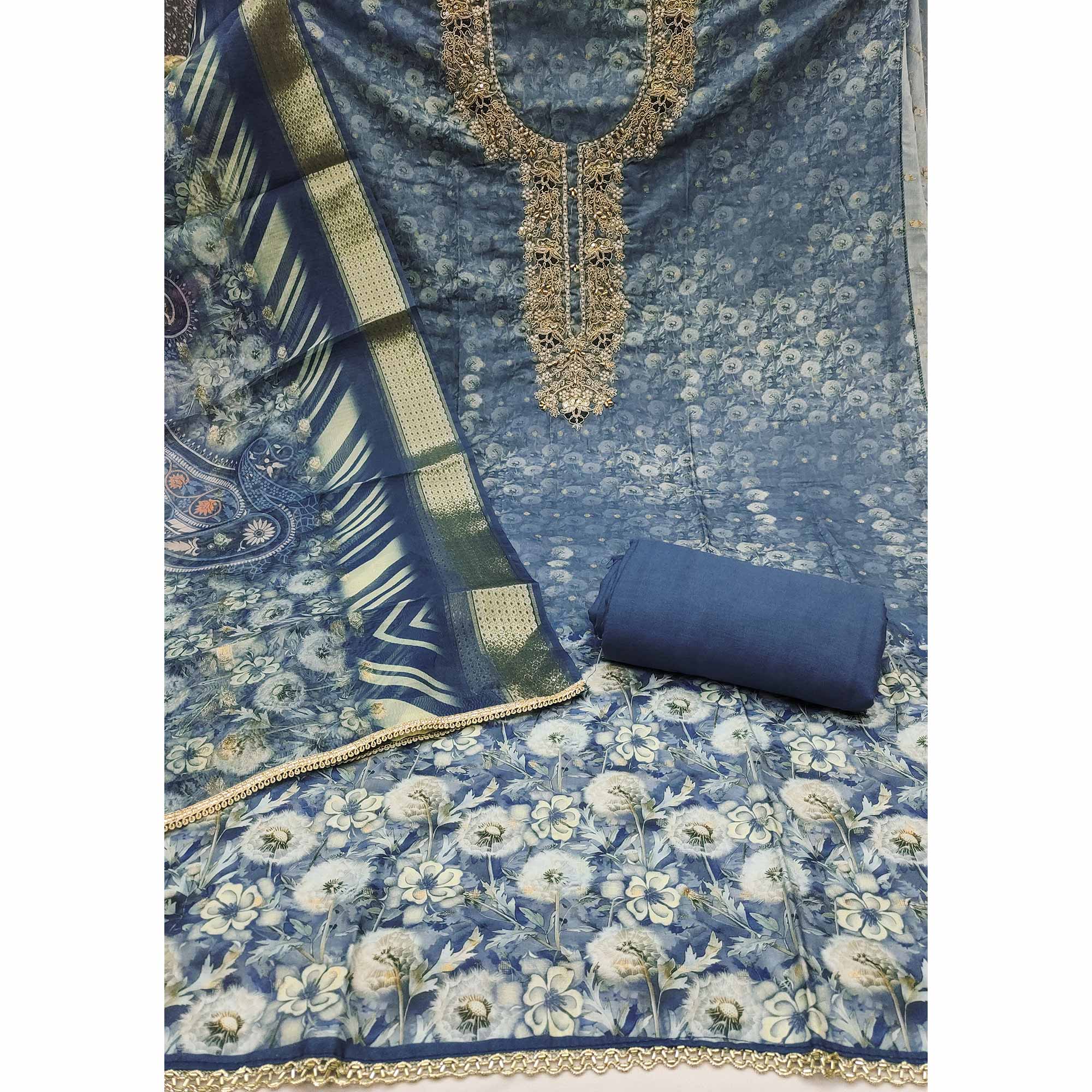 Blue Banarasi Cotton Blend Dress Material With Floral Digital Print & Elegant Moti Handwork