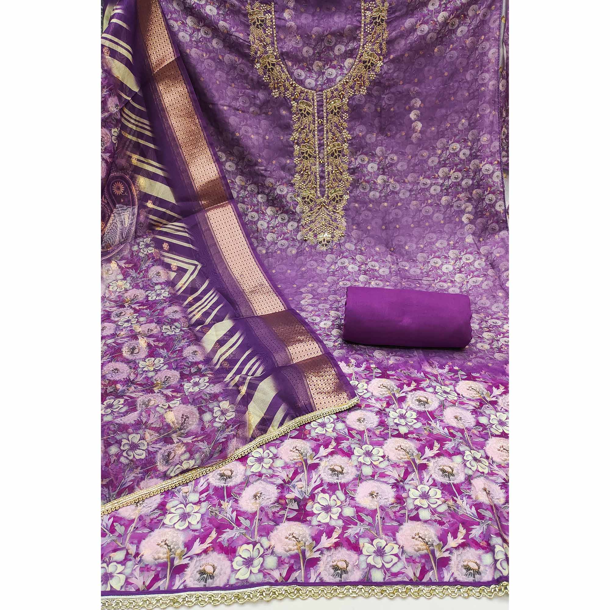Purple Banarasi Cotton Blend Dress Material With Floral Digital Print & Elegant Moti Handwork