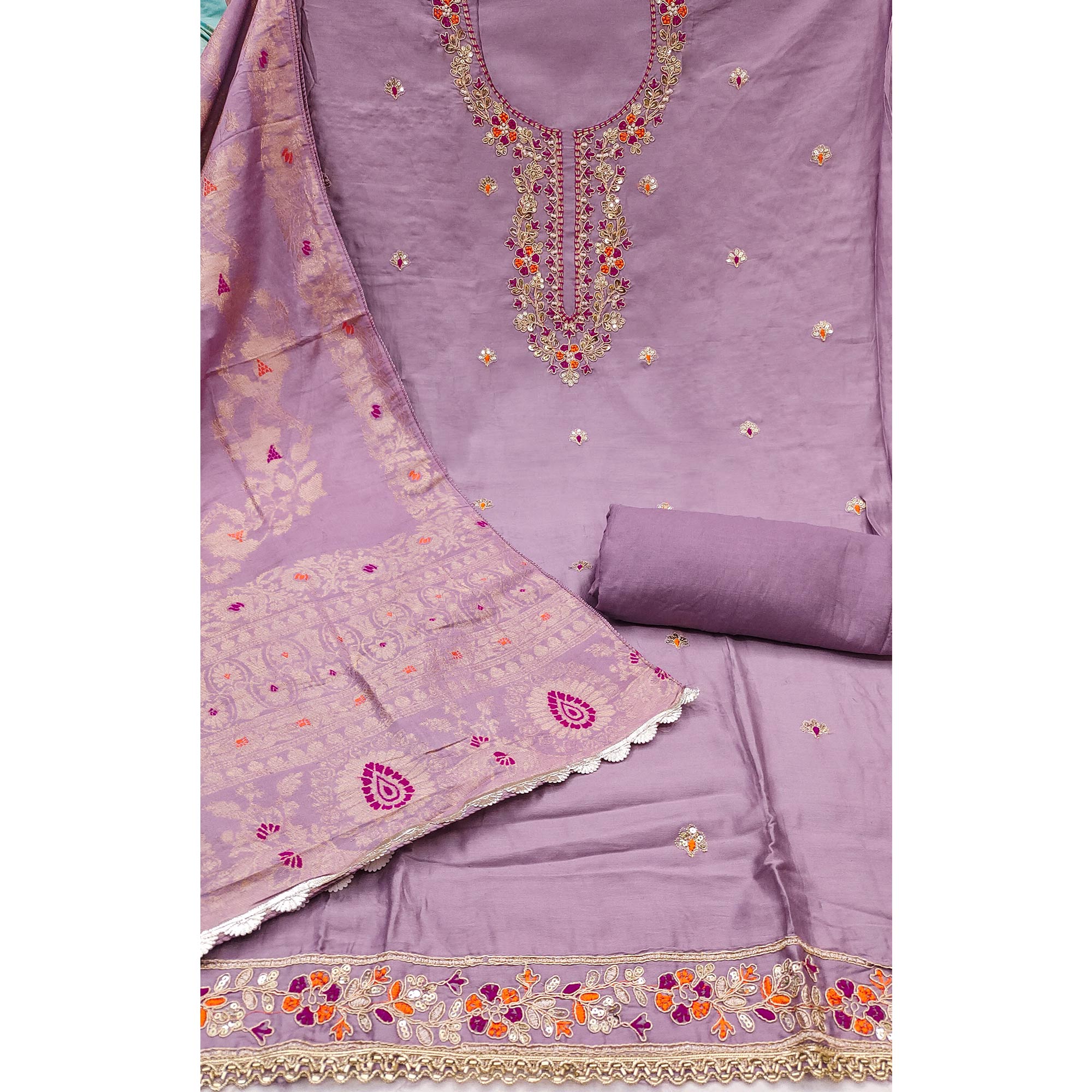 Lavender Pure Cotton Dress Material Featuring Floral Sequins Cording Embroidery With Moti Handwork