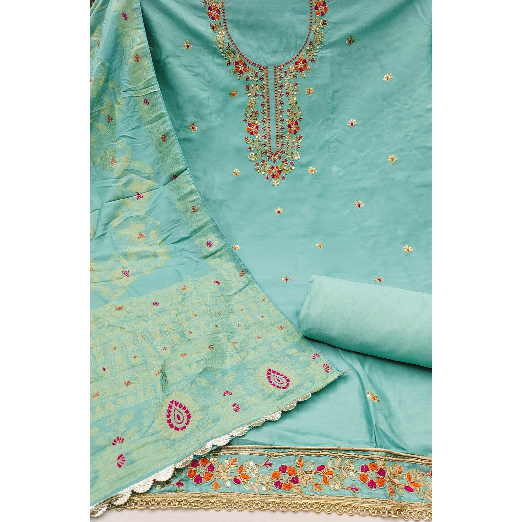 Turquoise Pure Cotton Dress Material Featuring Floral Sequins Cording Embroidery With Moti Handwork