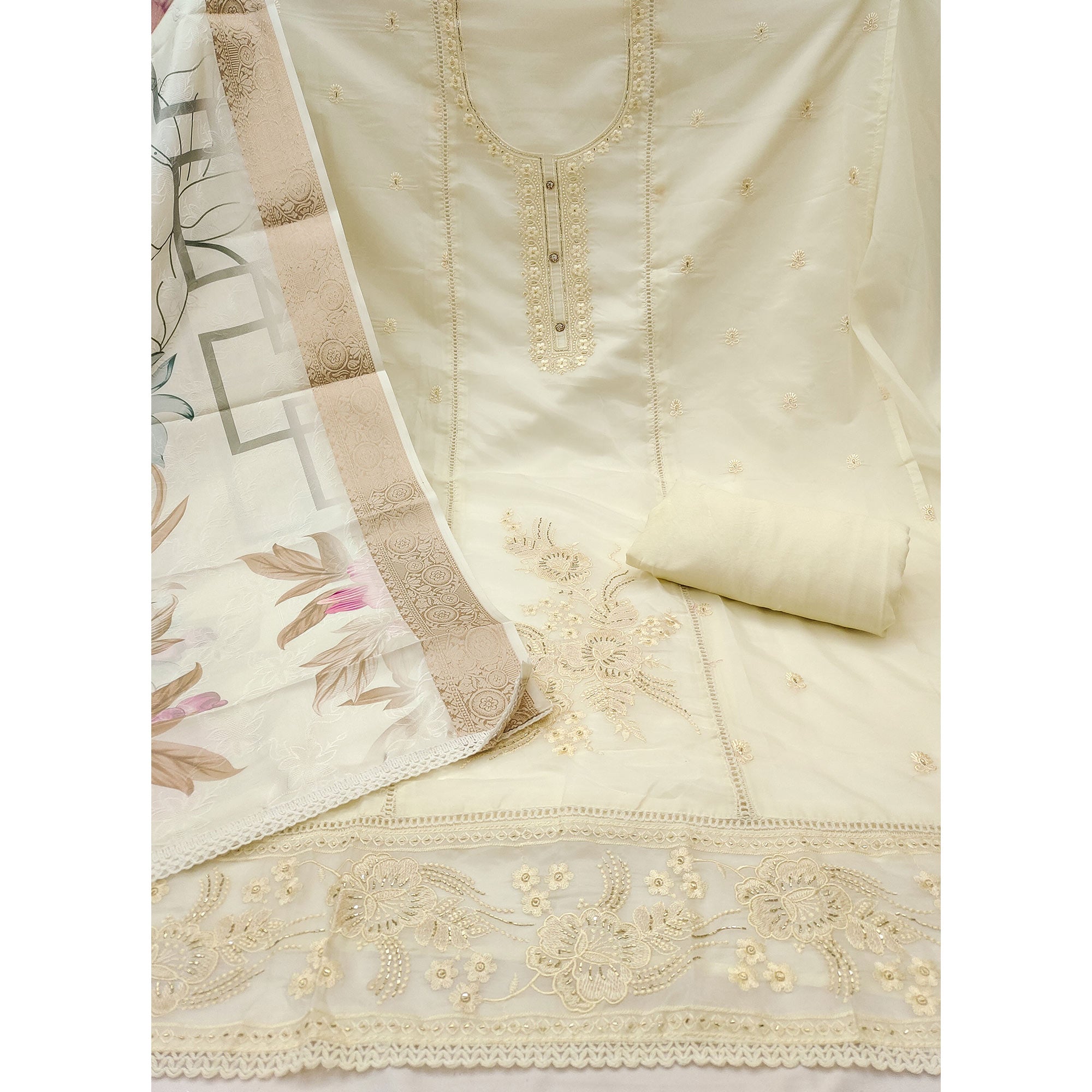 Offwhite Organza Dress Material Adorned With Floral Thread Embroidery & Elegant Handwork