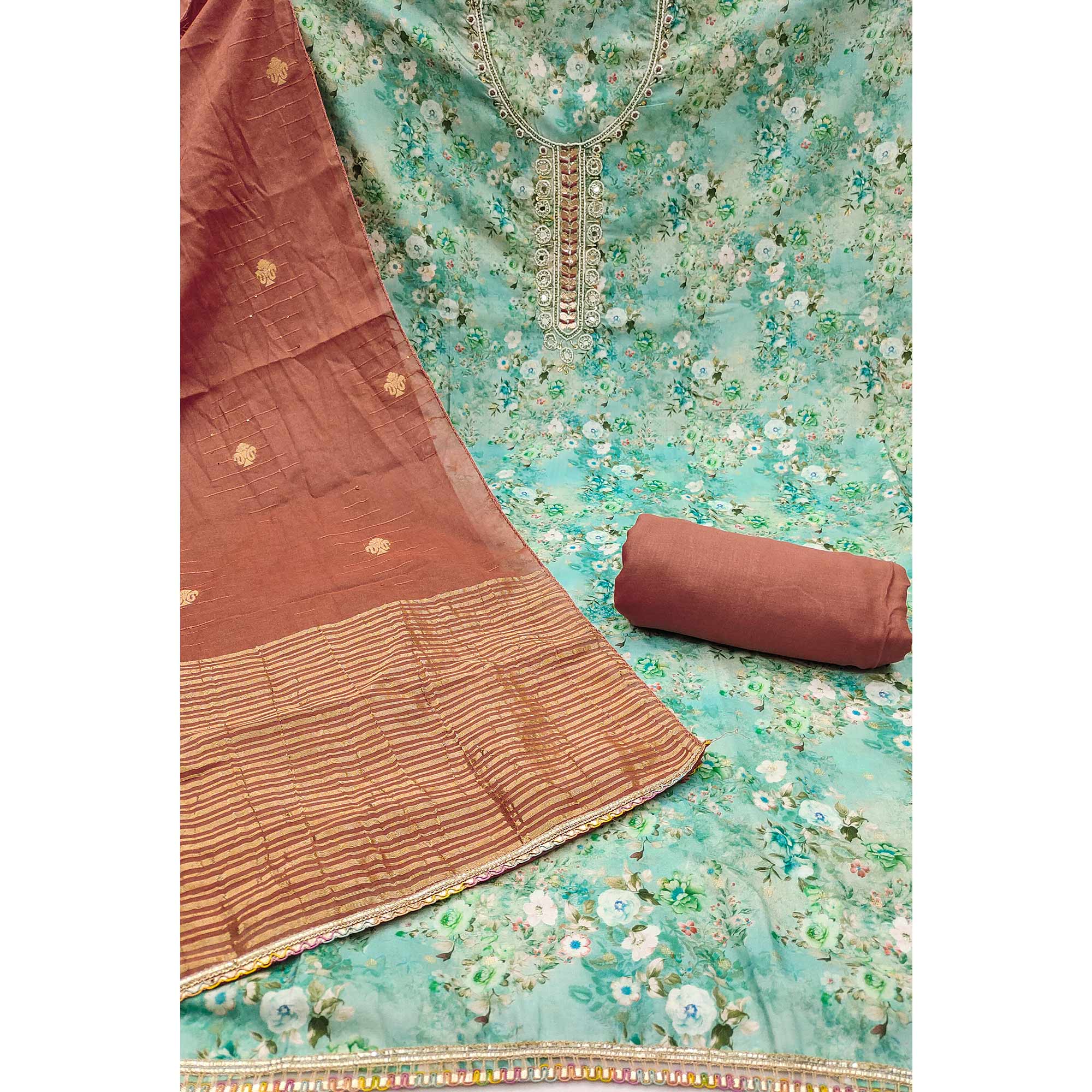 Turquoise Floral Digital Printed Cotton Blend Dress Material Embellished With Moti Hand Embroidery