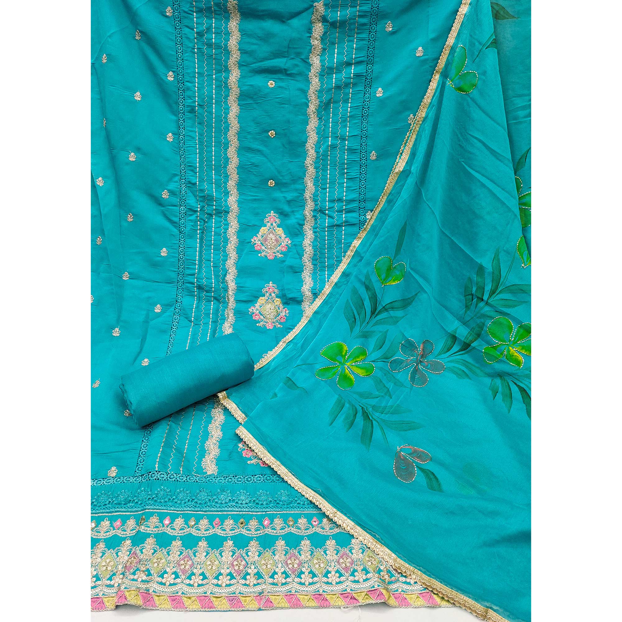 Blue Cotton Silk Dress Material Enhanced With Exquisite Floral Cording Embroidery & Sequins Work