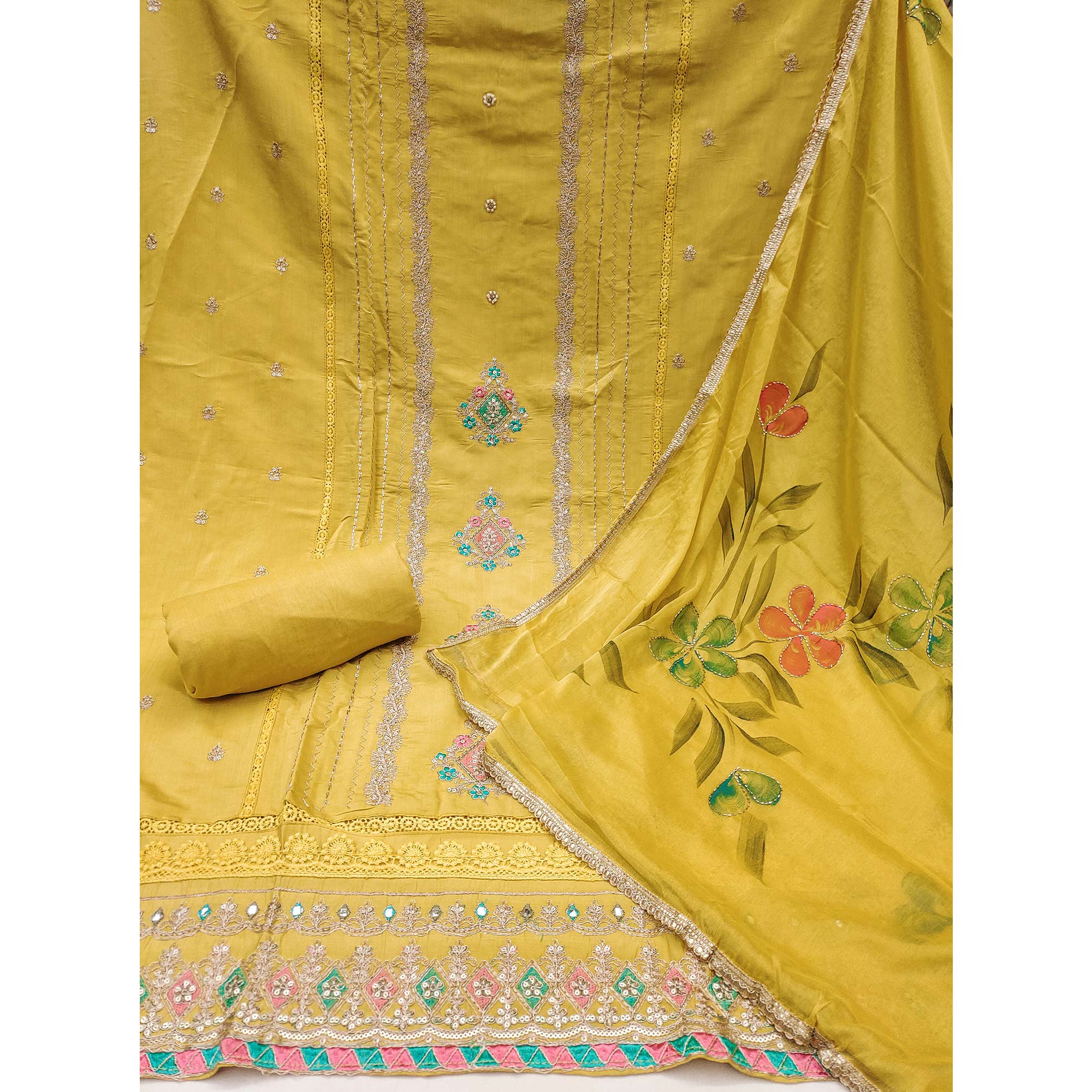 Mustard Cotton Silk Dress Material Enhanced With Exquisite Floral Cording Embroidery & Sequins Work