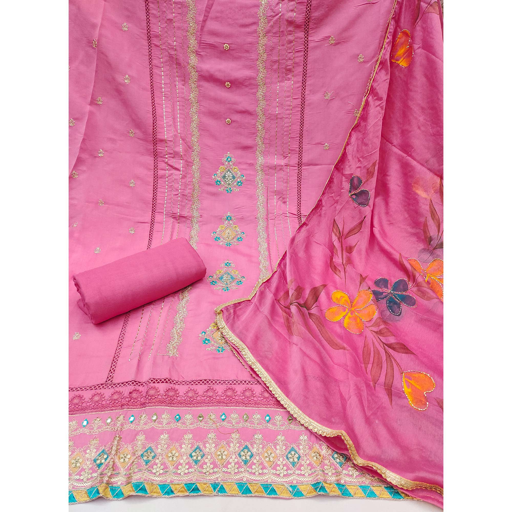 Pink Cotton Silk Dress Material Enhanced With Exquisite Floral Cording Embroidery & Sequins Work