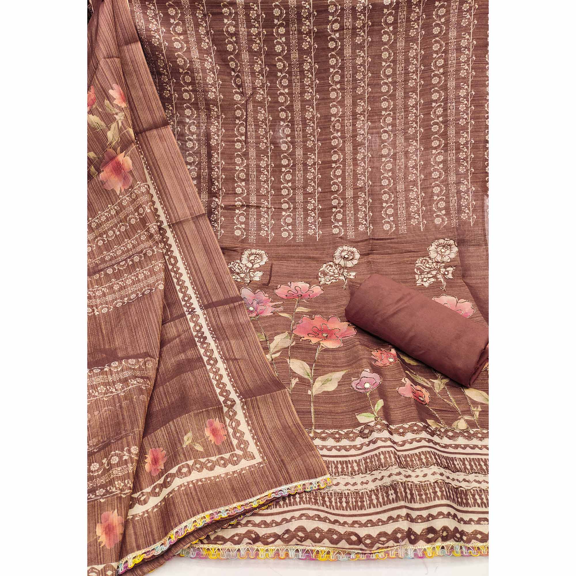 Brown Floral Digital Printed With Embroidered Cotton Silk Dress Material For Traditional Look