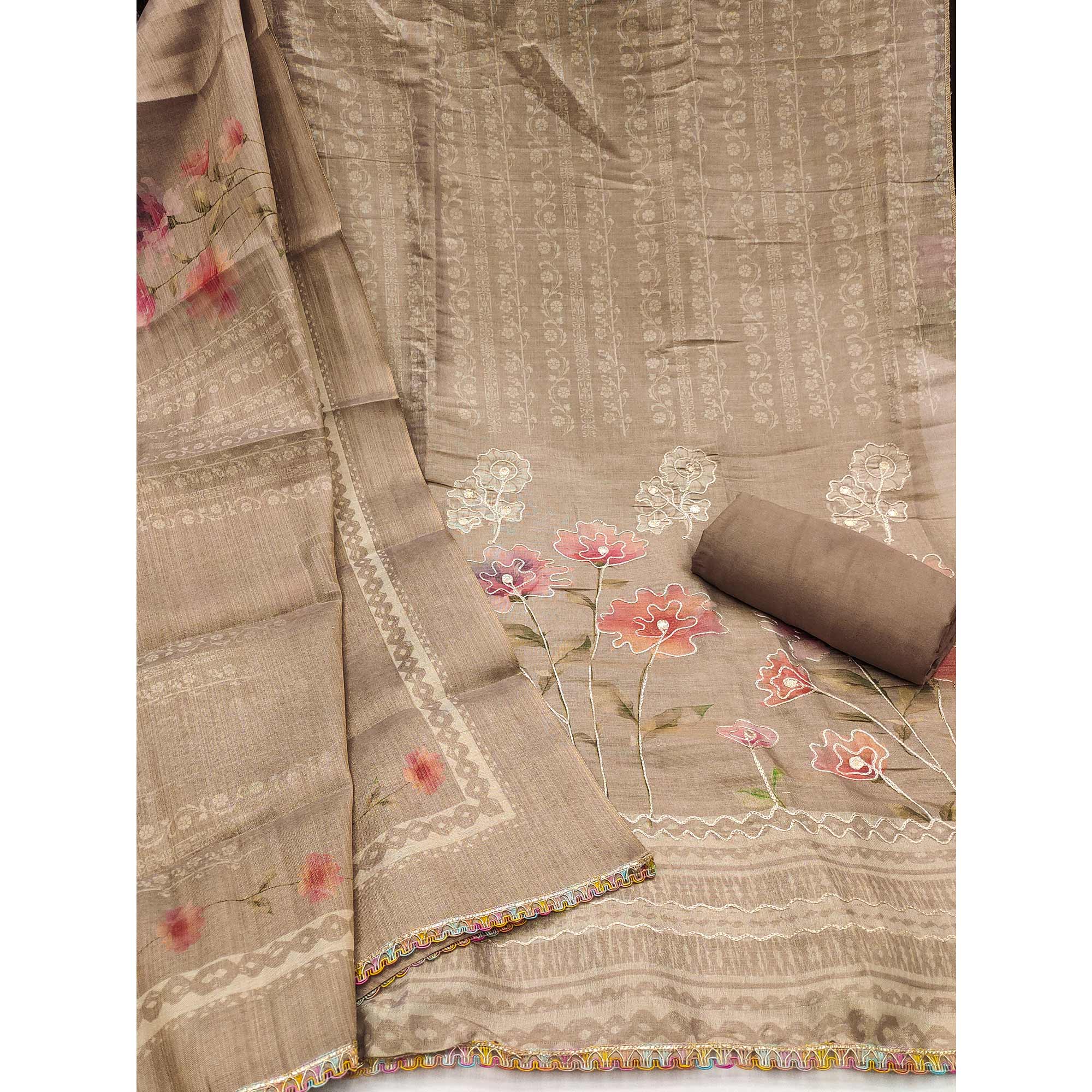 Chikoo Floral Digital Printed With Embroidered Cotton Silk Dress Material For Traditional Look