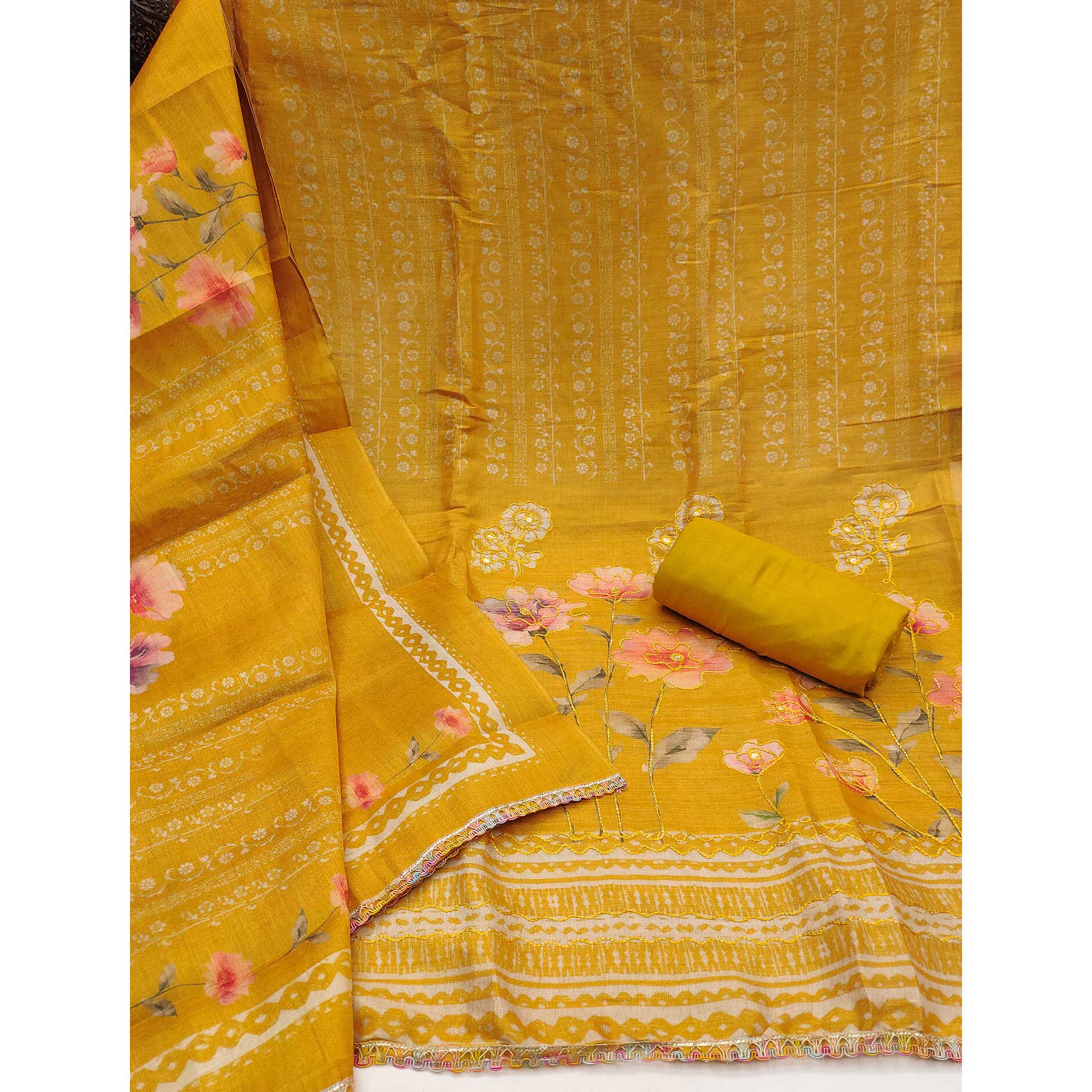 Mustard Floral Digital Printed With Embroidered Cotton Silk Dress Material For Traditional Look