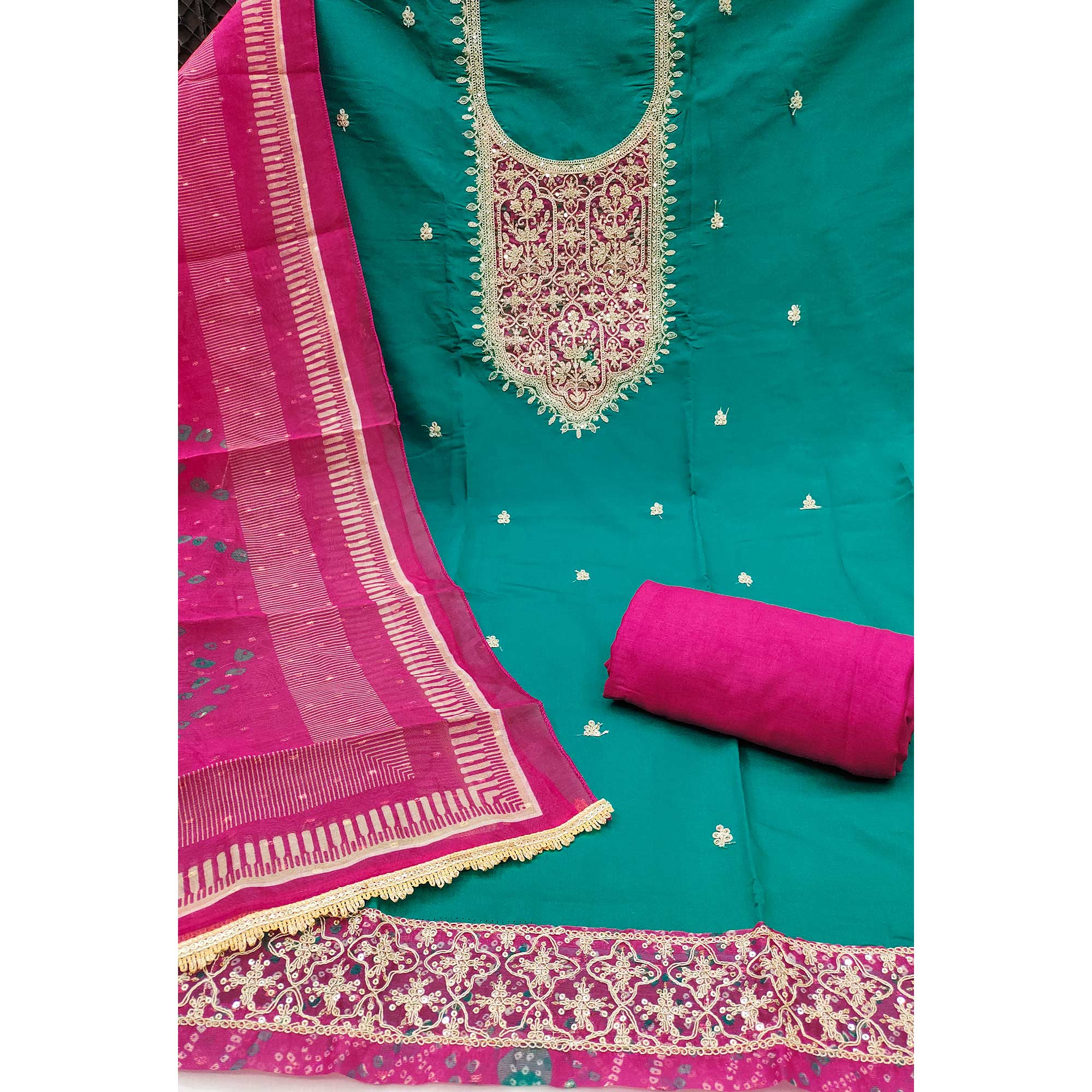 Rama Green Unstitched Dress Material in Cotton Blend with Elegant Sequins & Floral Embroidery