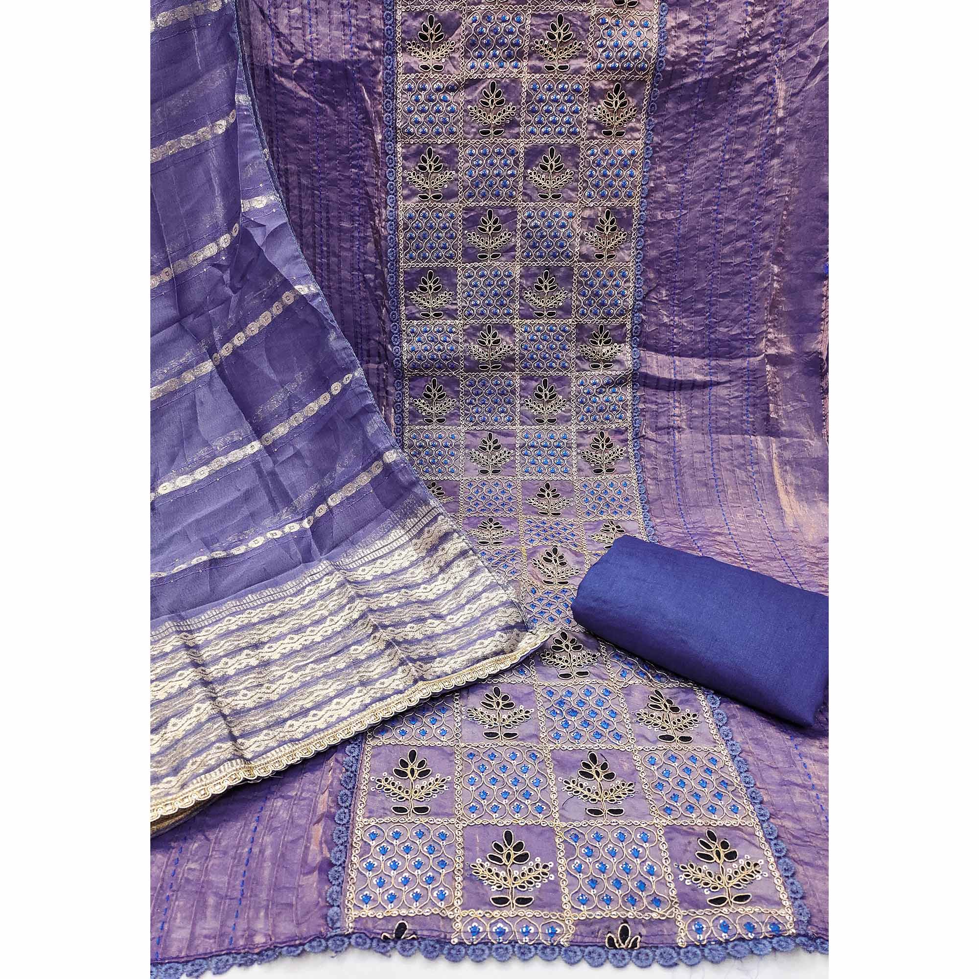 Lavender Floral Thread Embroidered Viscose Dress Material With Sequins For Sophisticated Style