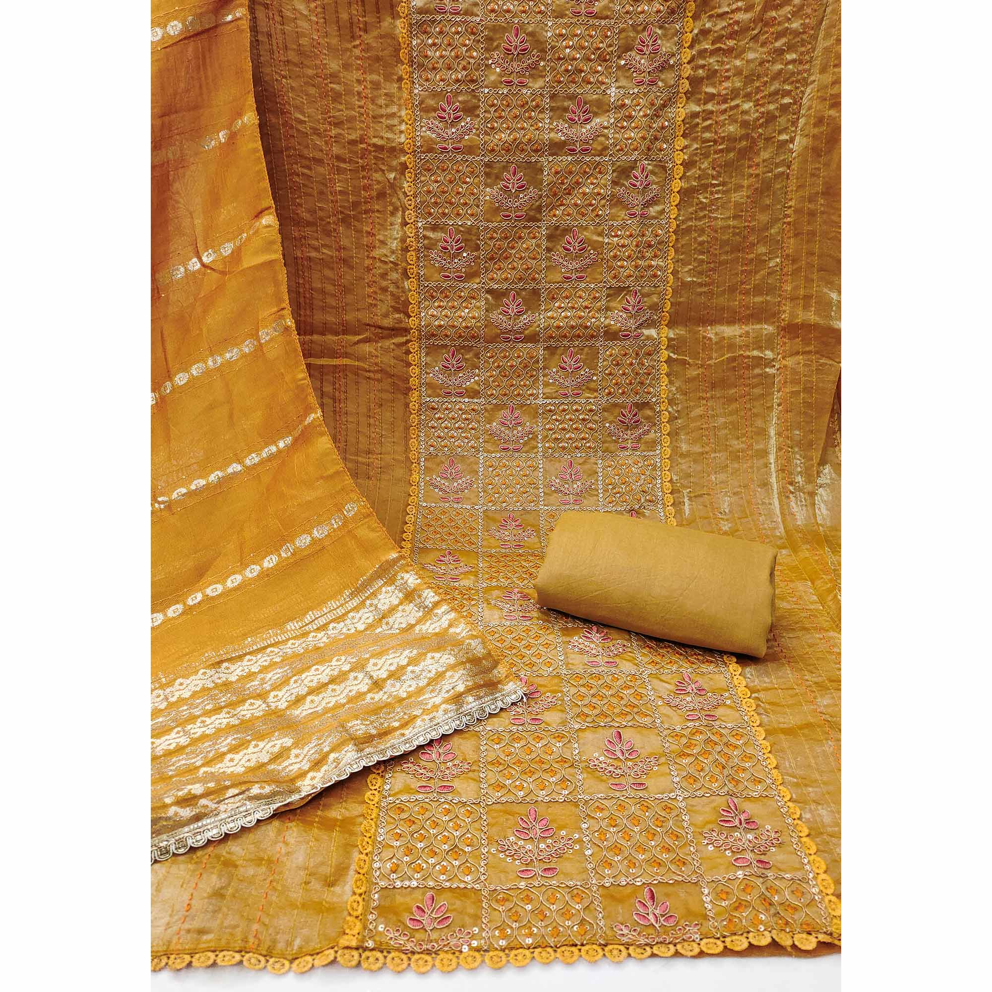Mustard Floral Thread Embroidered Viscose Dress Material With Sequins For Sophisticated Style