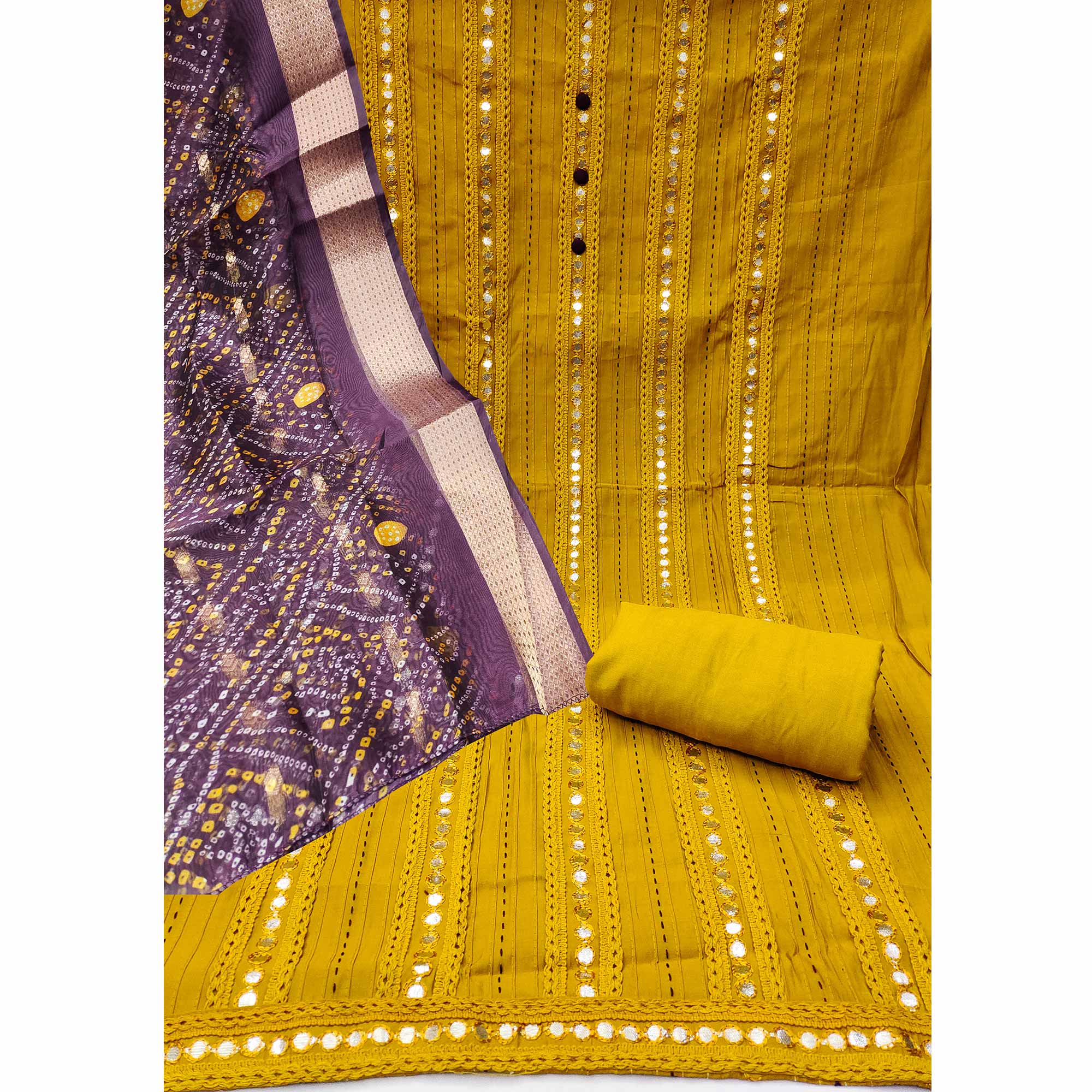 Mustard Cotton Silk Dress Material Enhanced With Intricate Thread Embroidery & Gota Patti Work