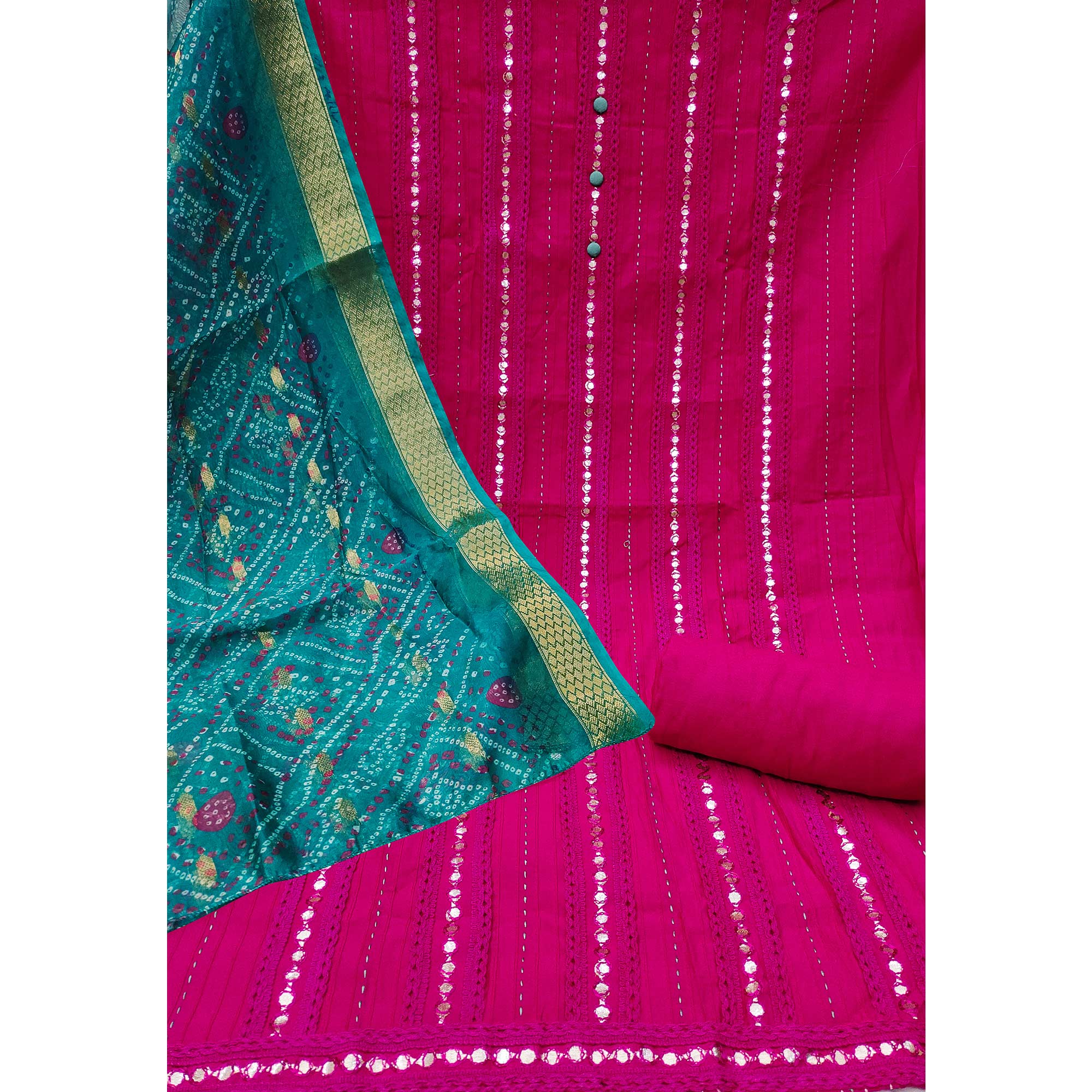 Pink Cotton Silk Dress Material Enhanced With Intricate Thread Embroidery & Gota Patti Work