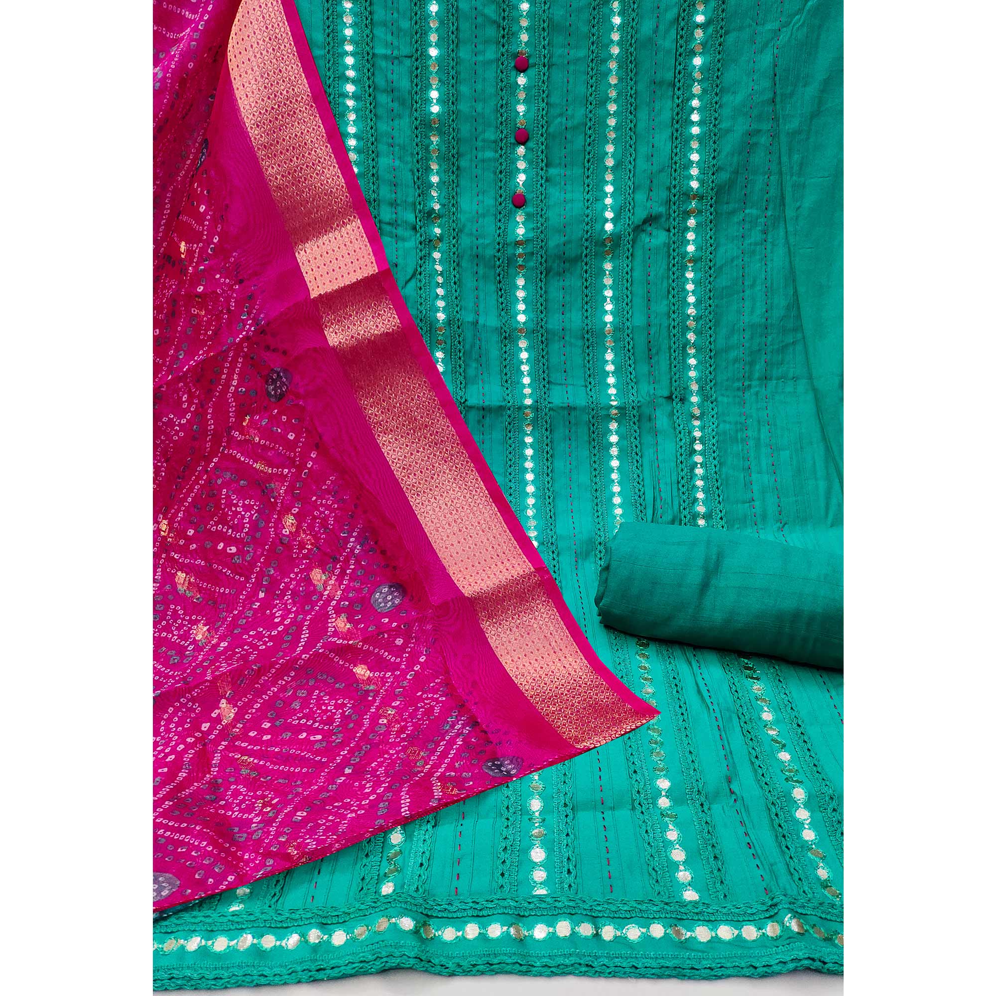 Turquoise Cotton Silk Dress Material Enhanced With Intricate Thread Embroidery & Gota Patti Work