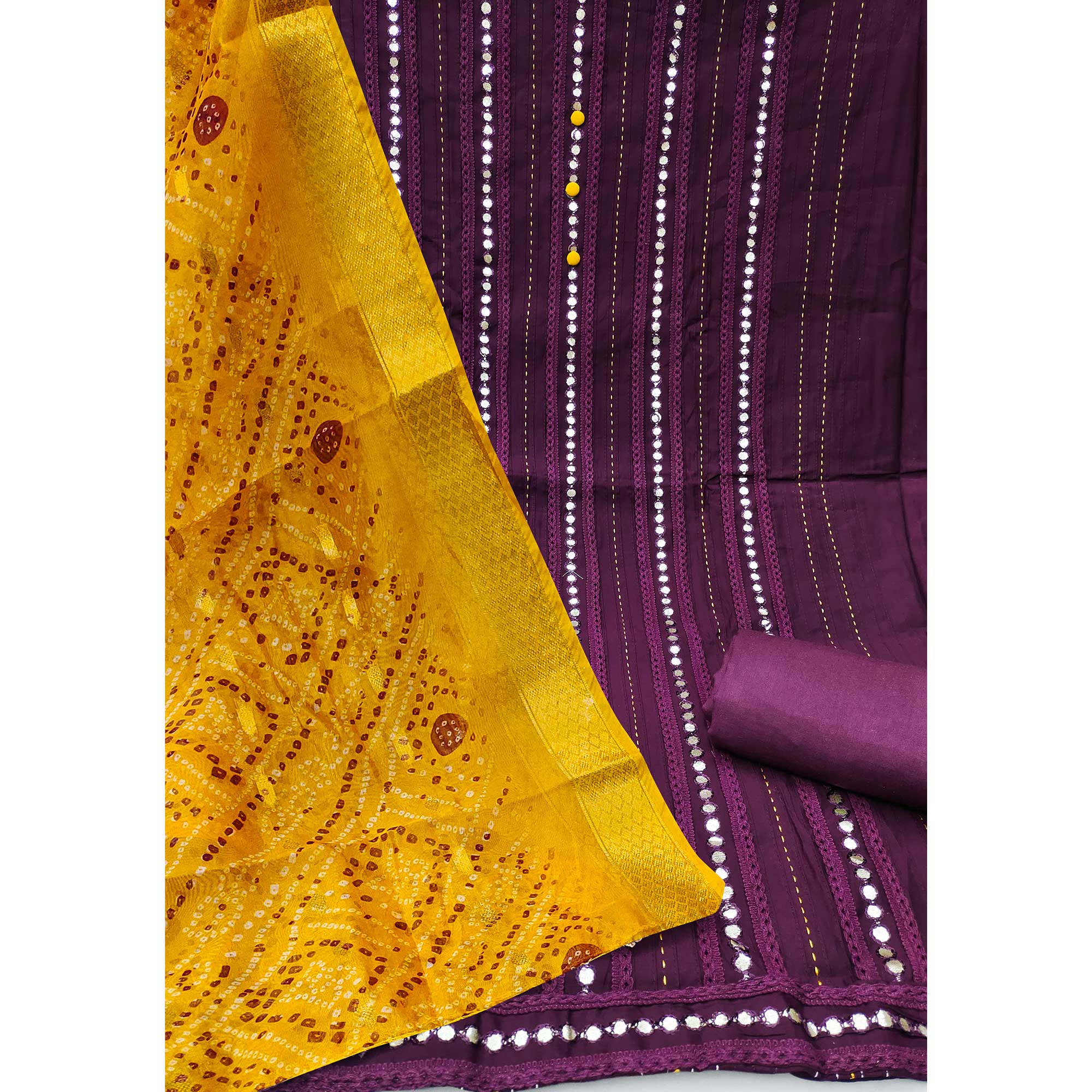 Wine Cotton Silk Dress Material Enhanced With Intricate Thread Embroidery & Gota Patti Work
