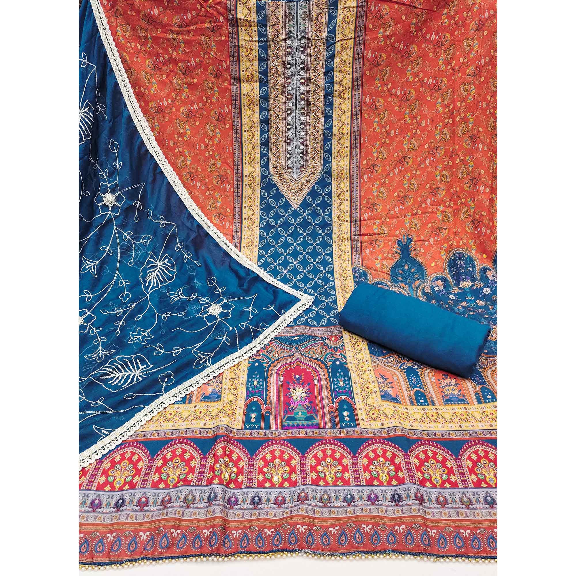 Blue & Orange Pure Cotton Dress Material With Digital Prints & Elegant Moti Handwork Accents