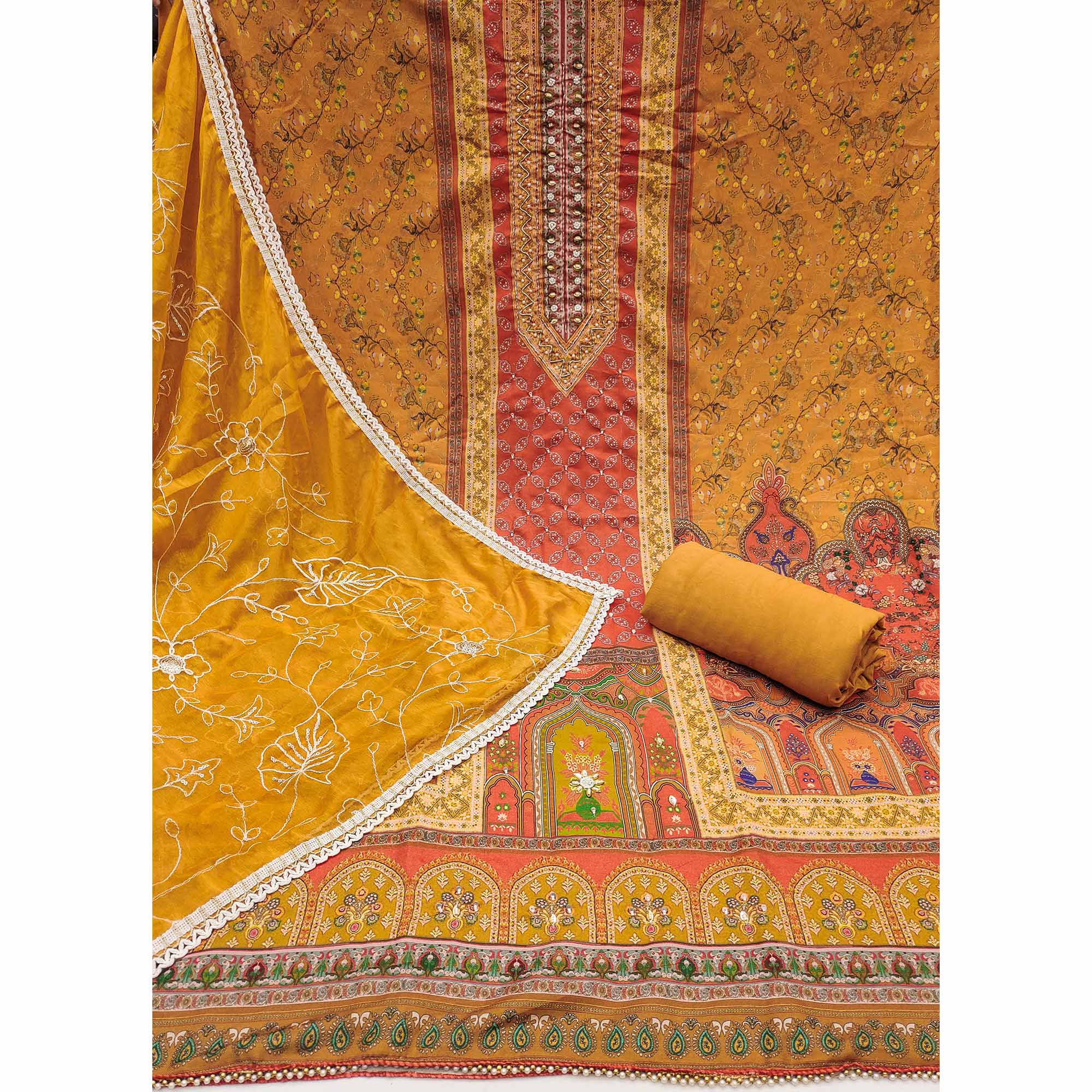 Mustard & Orange Pure Cotton Dress Material With Digital Prints & Elegant Moti Handwork Accents