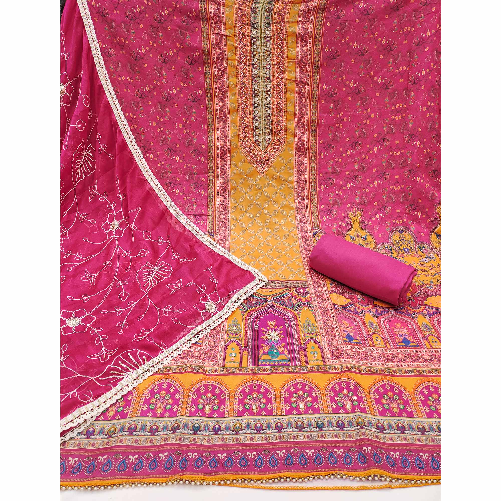 Pink & Yellow Pure Cotton Dress Material With Digital Prints & Elegant Moti Handwork Accents