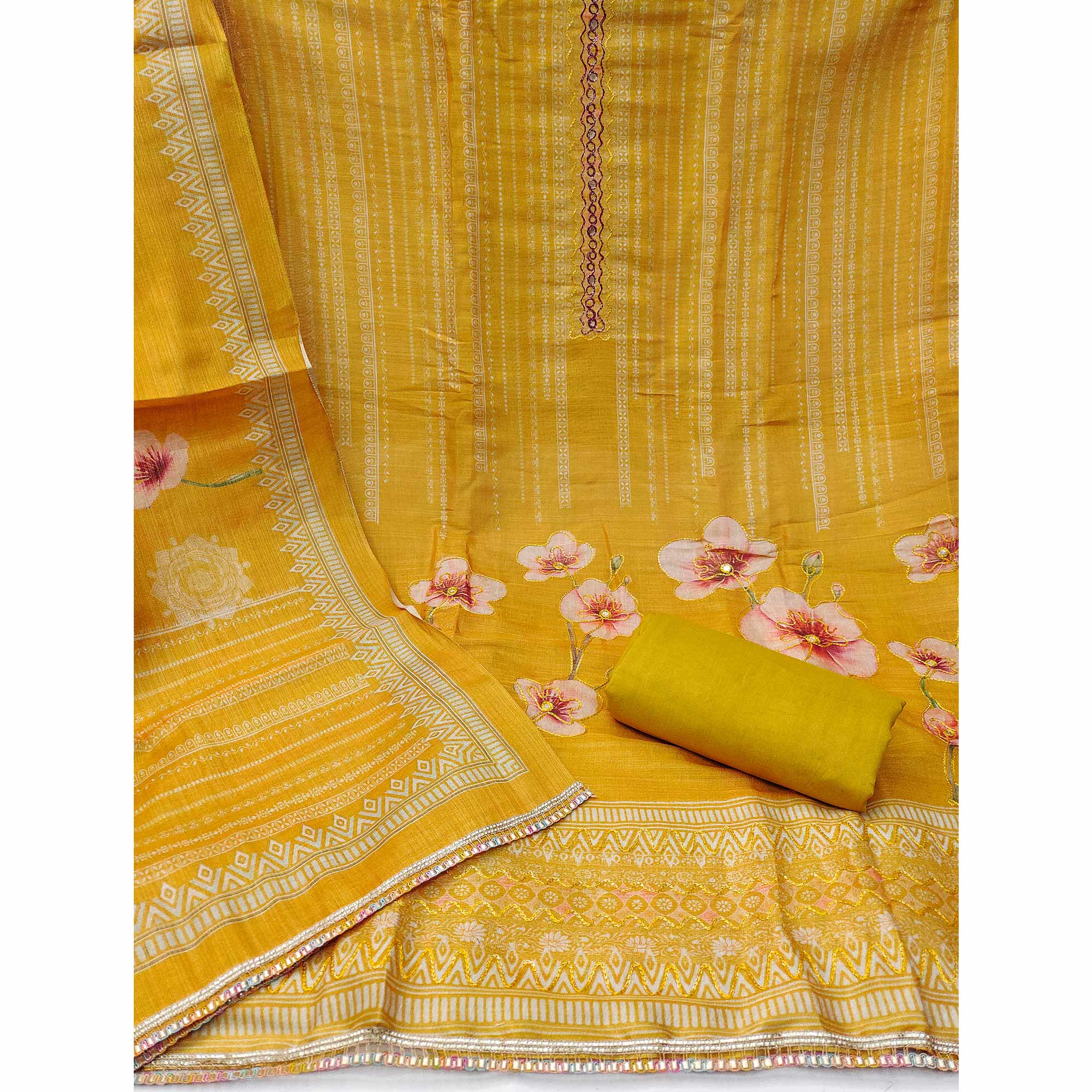 Mustard Cotton Silk Dress Material Enhanced With Blooming Floral Digital Prints & Elegant Embroidery