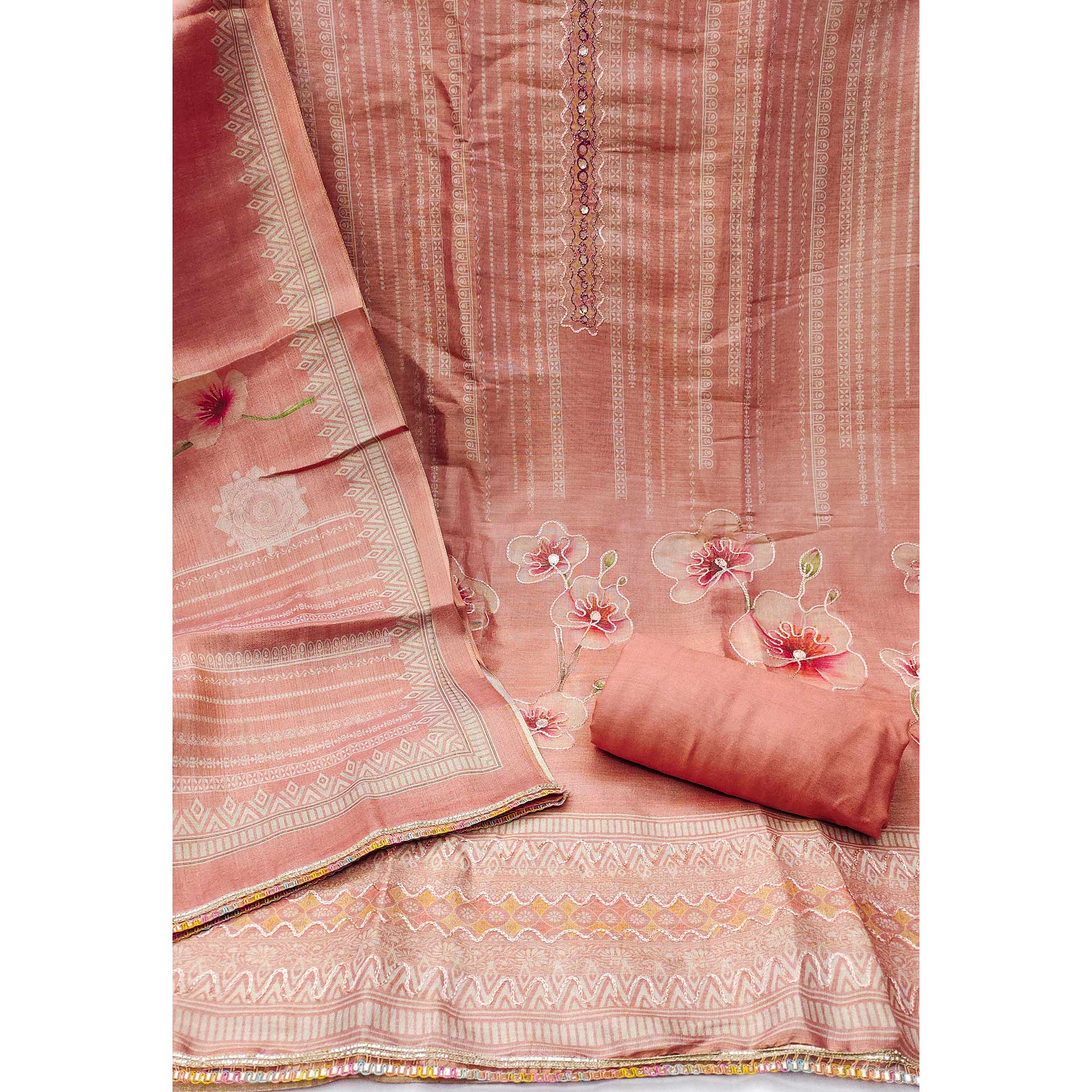 Peach Cotton Silk Dress Material Enhanced With Blooming Floral Digital Prints & Elegant Embroidery