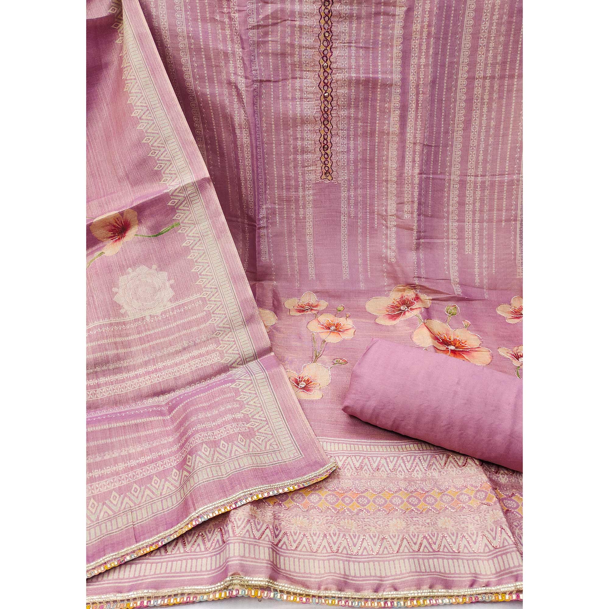 Pink Cotton Silk Dress Material Enhanced With Blooming Floral Digital Prints & Elegant Embroidery