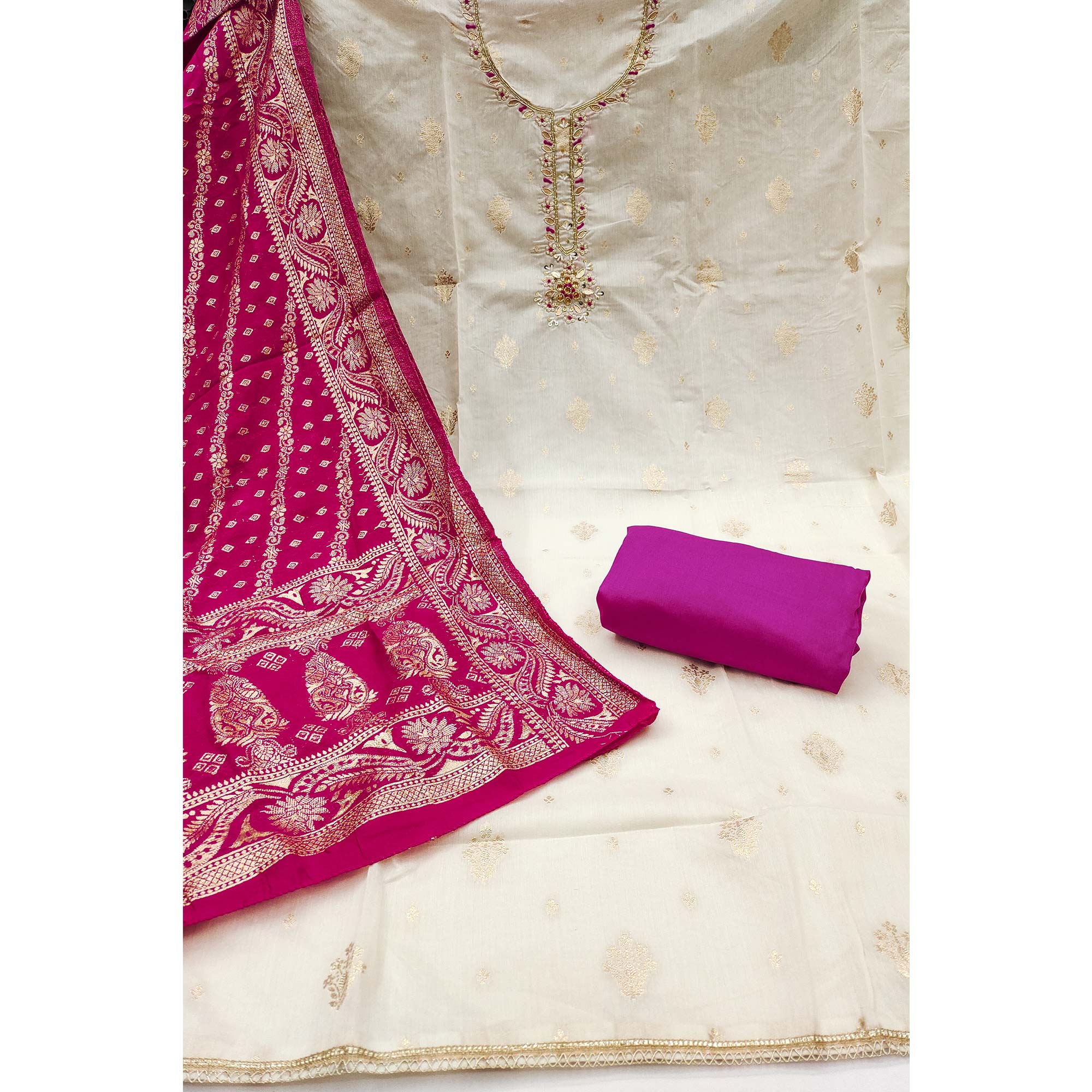 Off White & Pink Beads Work Cotton Silk Dress Material in Weaving Style