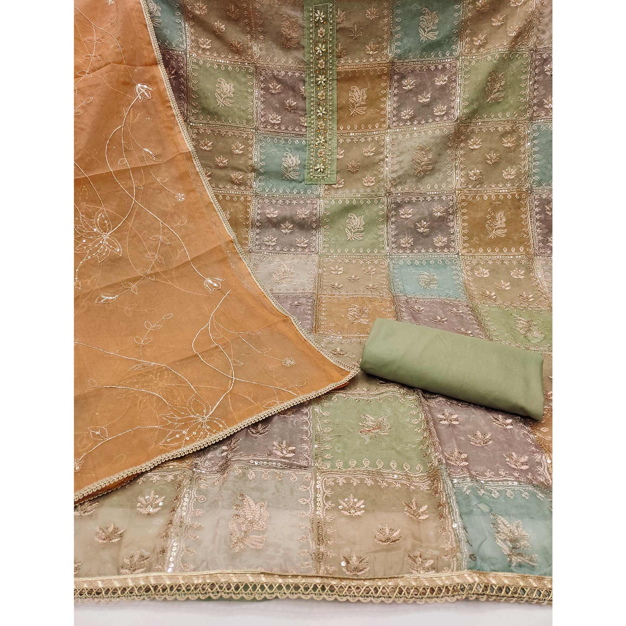 Green Organza Dress Material With Floral Sequins Embroidery & Delicate Moti Handwork