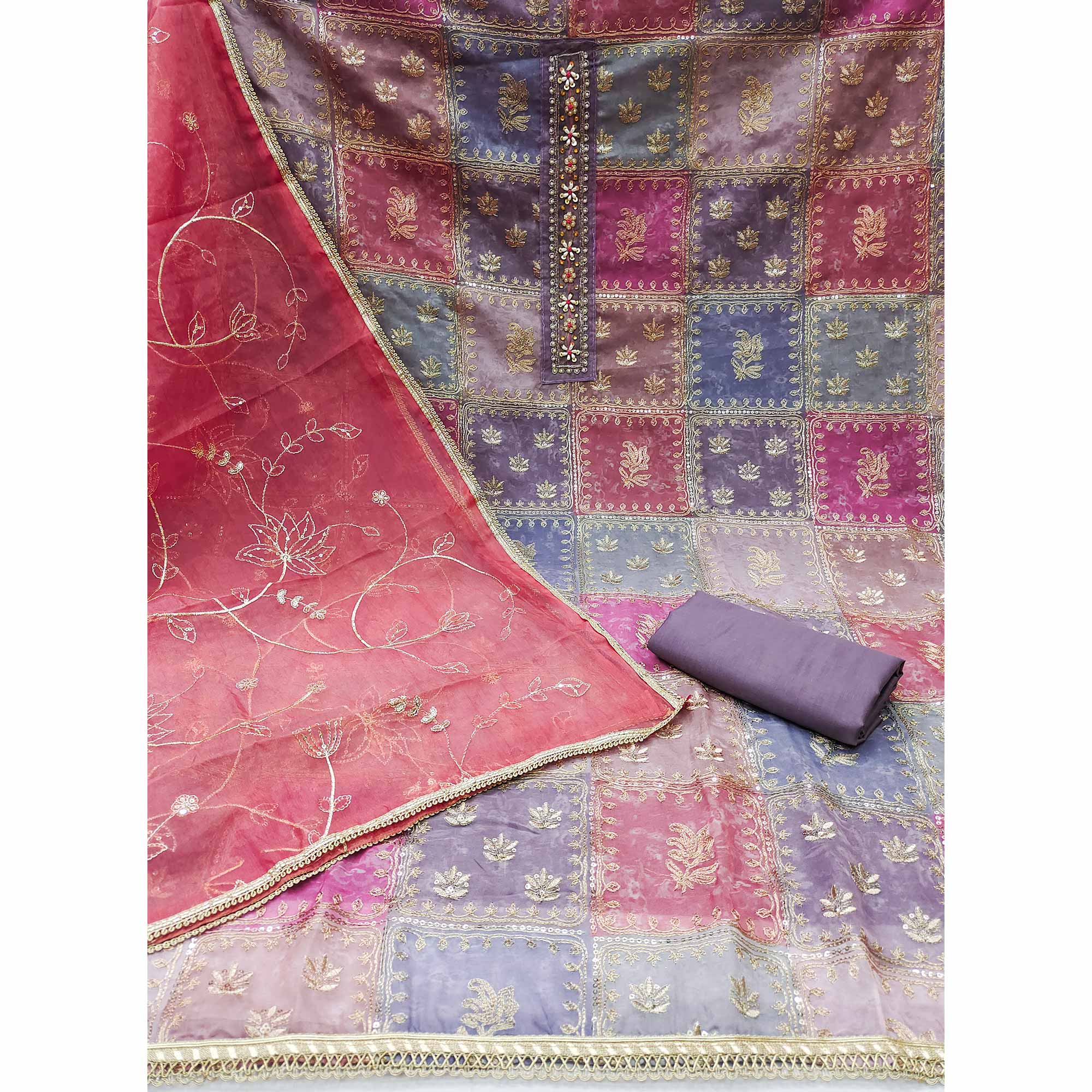 Purple Organza Dress Material With Floral Sequins Embroidery & Delicate Moti Handwork