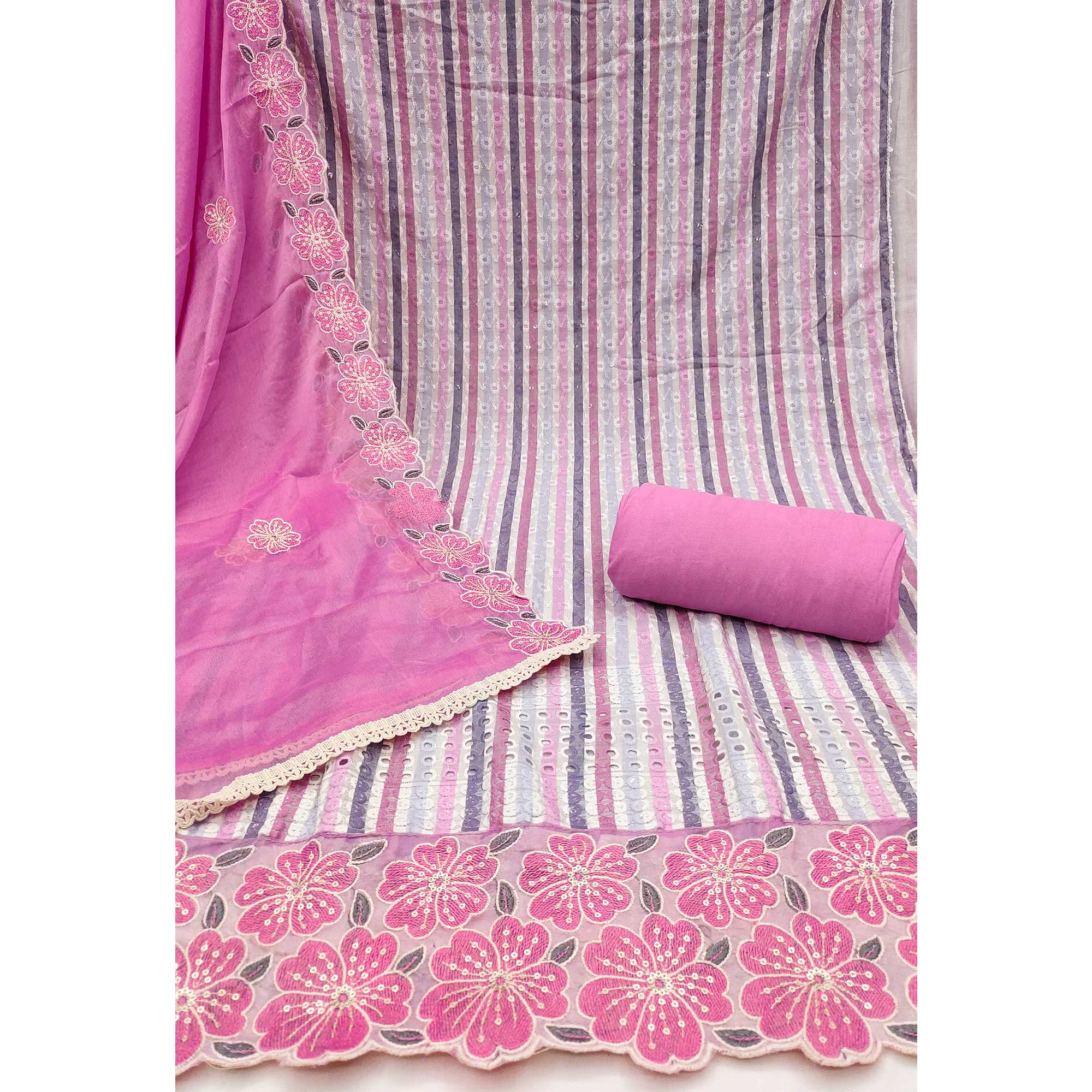 Soft and Comfortable Pink Pure Cambric Cotton Dress Fabric with Fine Floral Embroidery
