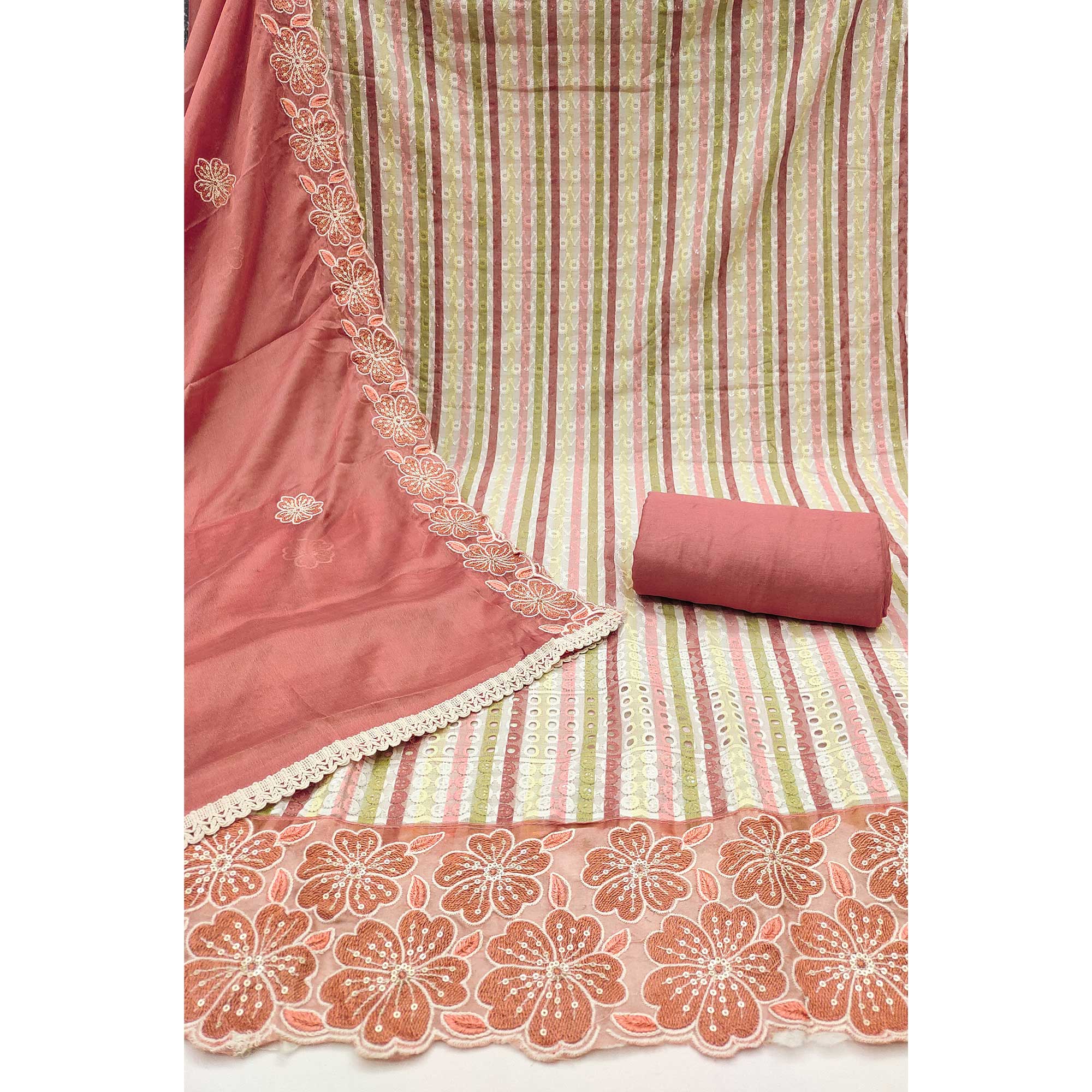 Soft and Comfortable Dusty Rose Pink Pure Cambric Cotton Dress Fabric with Fine Floral Embroidery