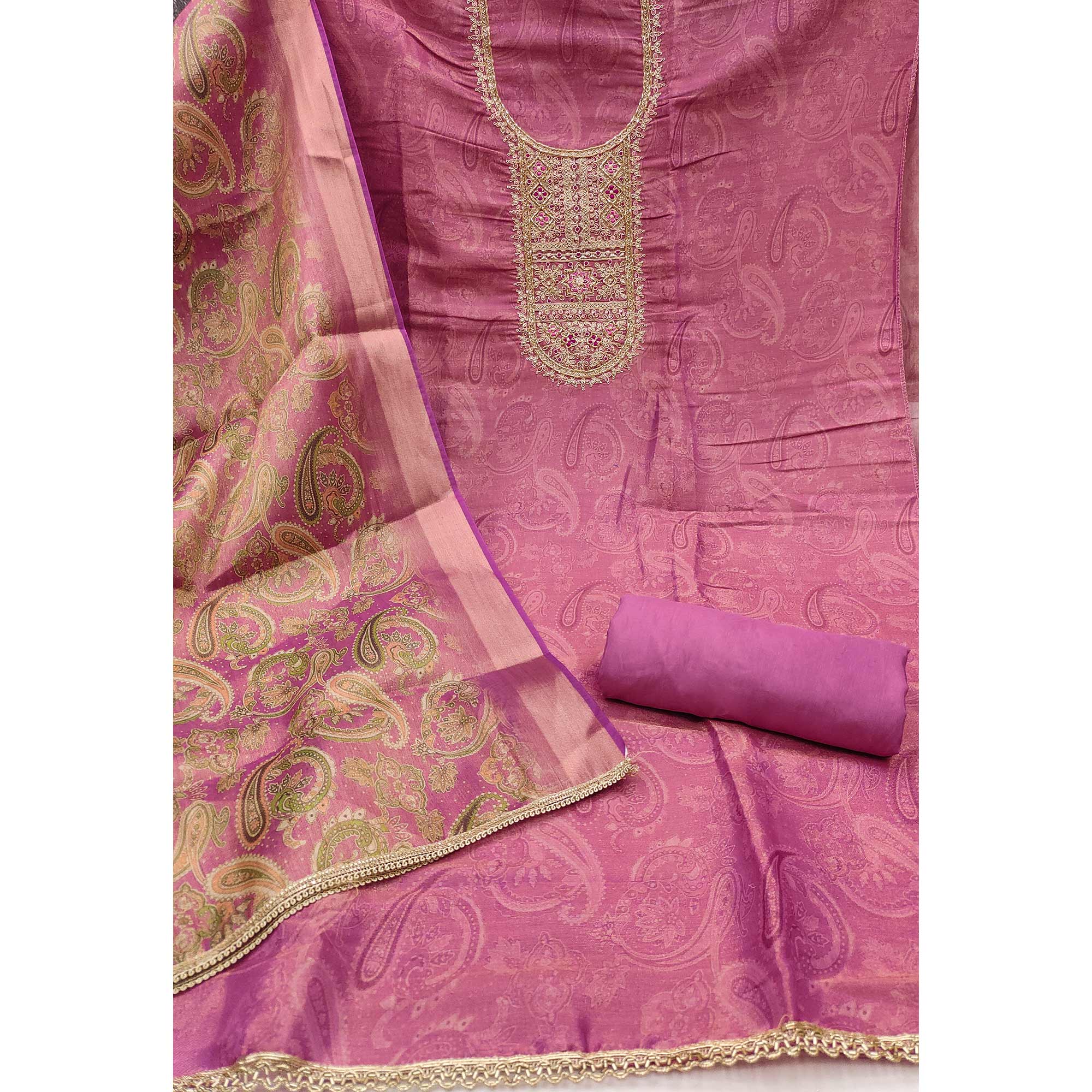 Festive Pink Printed Shimmer Cotton Silk Unstitched Dress Material with Decorative Thread Work