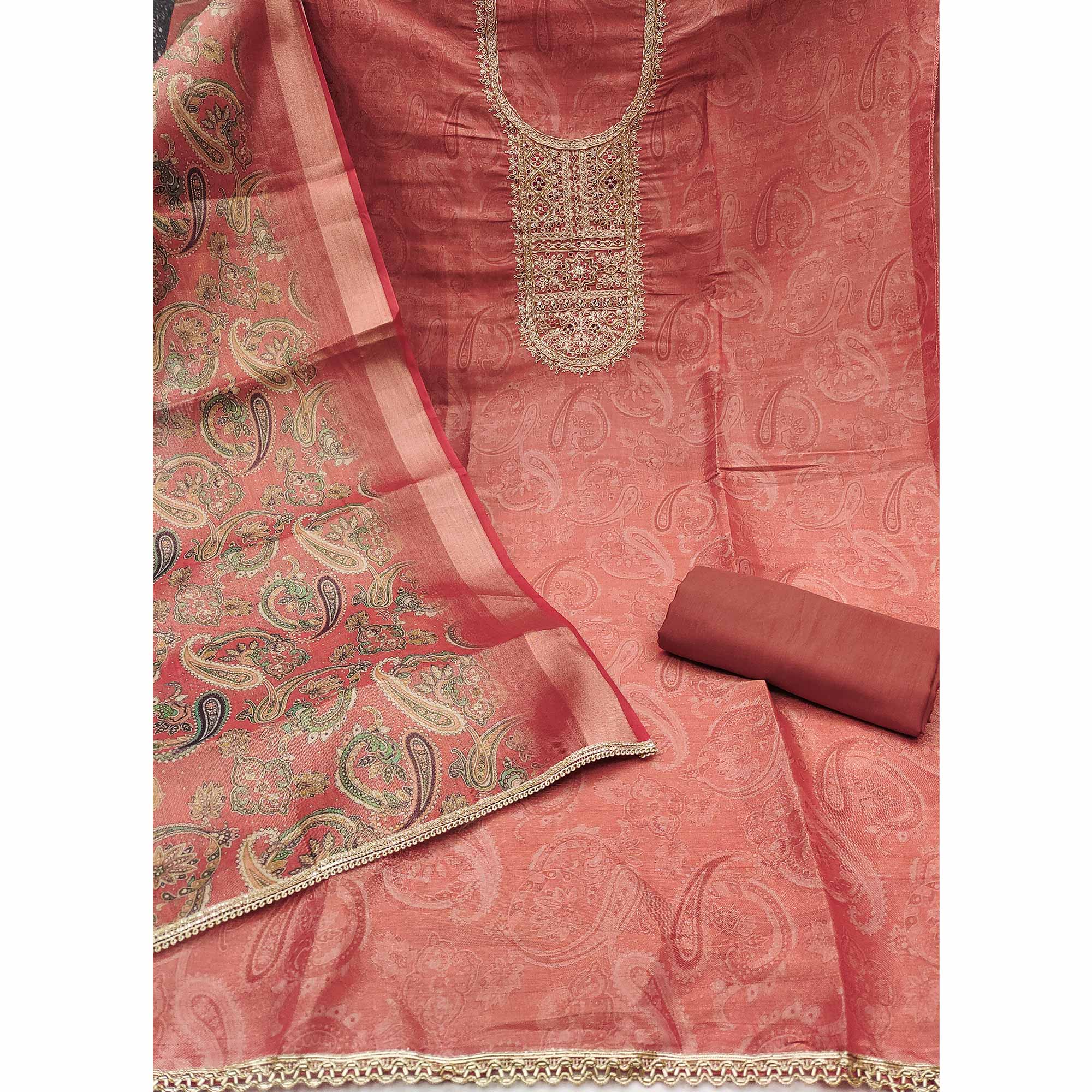 Festive Rust Printed Shimmer Cotton Silk Unstitched Dress Material with Decorative Thread Work