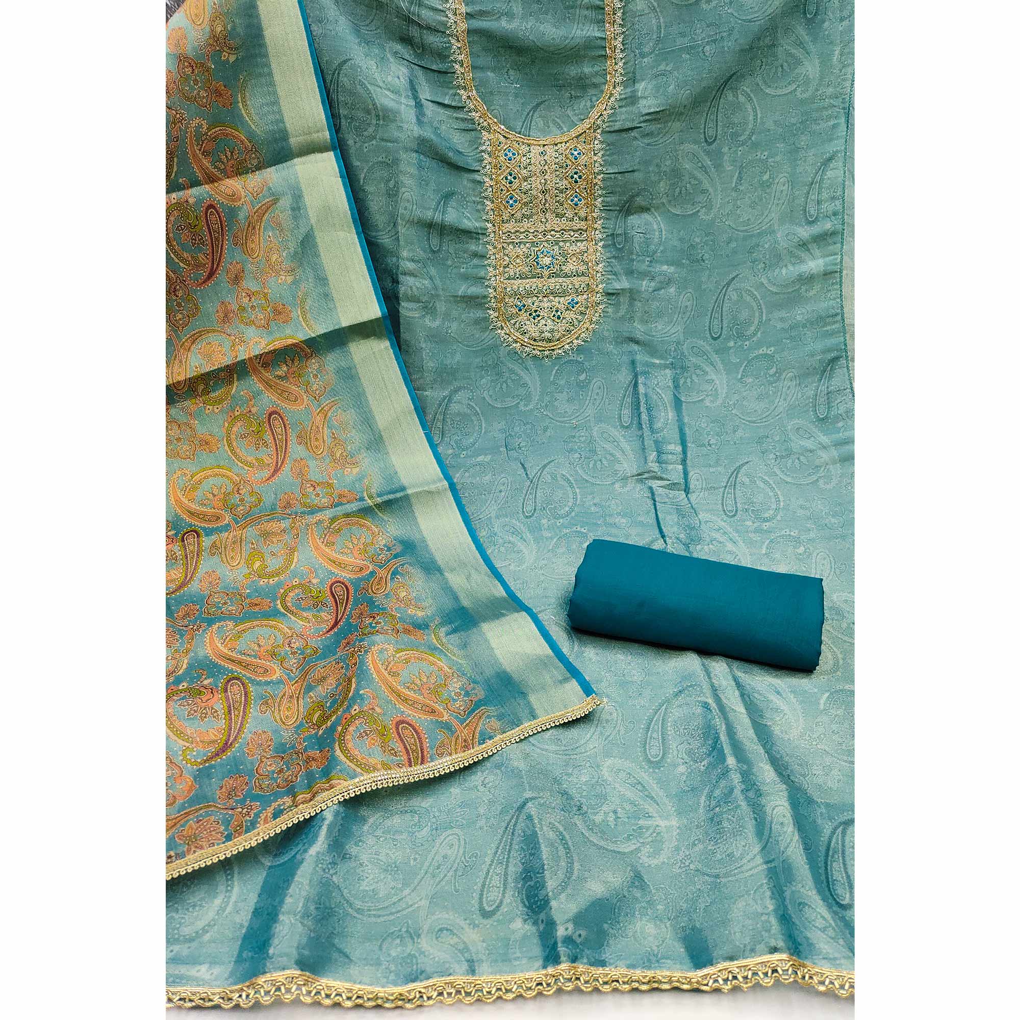 Festive Teal Printed Shimmer Cotton Silk Unstitched Dress Material with Decorative Thread Work