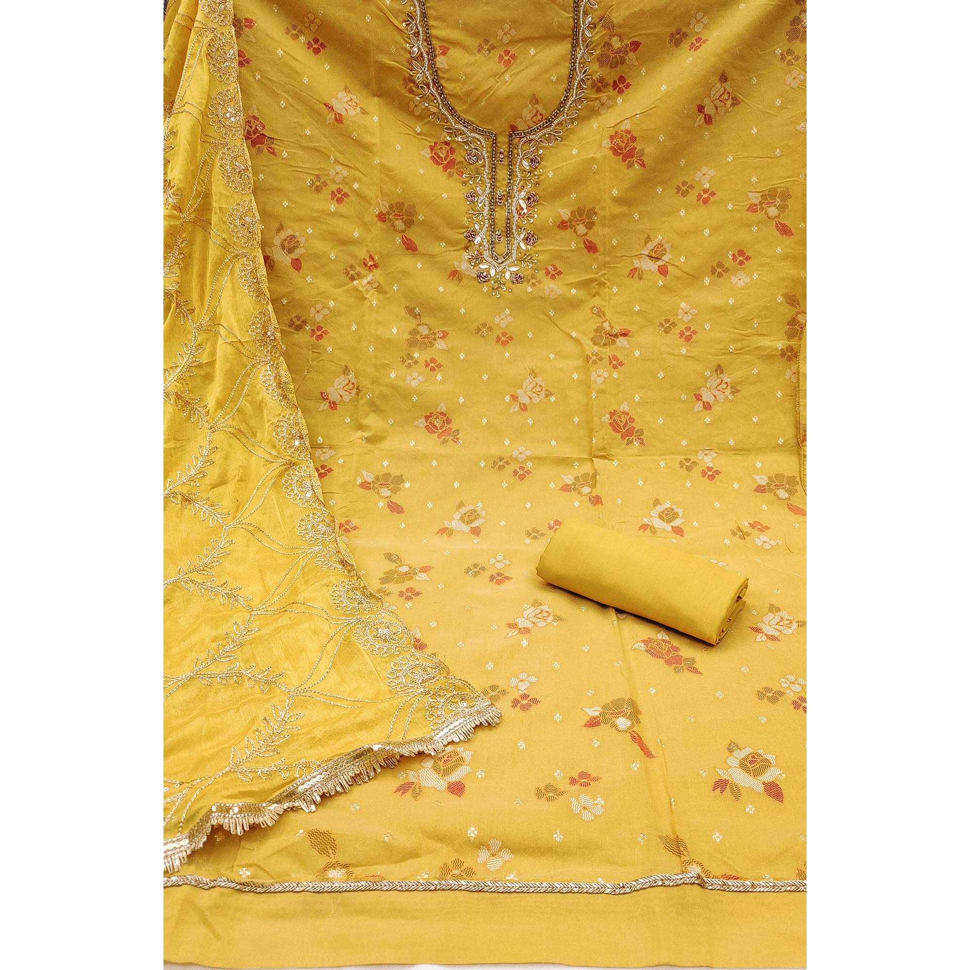 Mustard Unstitched Dress Material in Shimmer Cotton Silk with Delicate Thread Work Embroidery