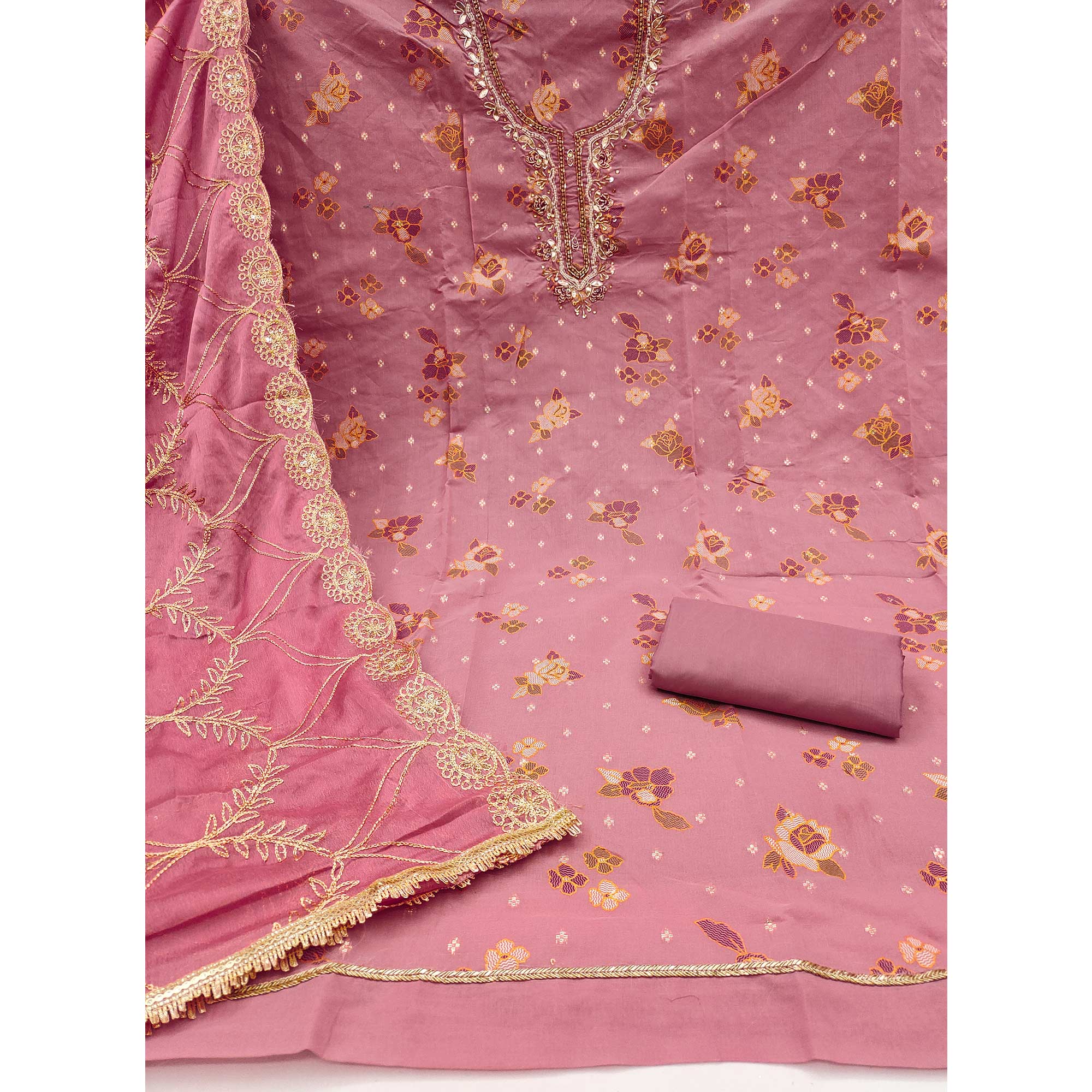 Pink Unstitched Dress Material in Shimmer Cotton Silk with Delicate Thread Work Embroidery