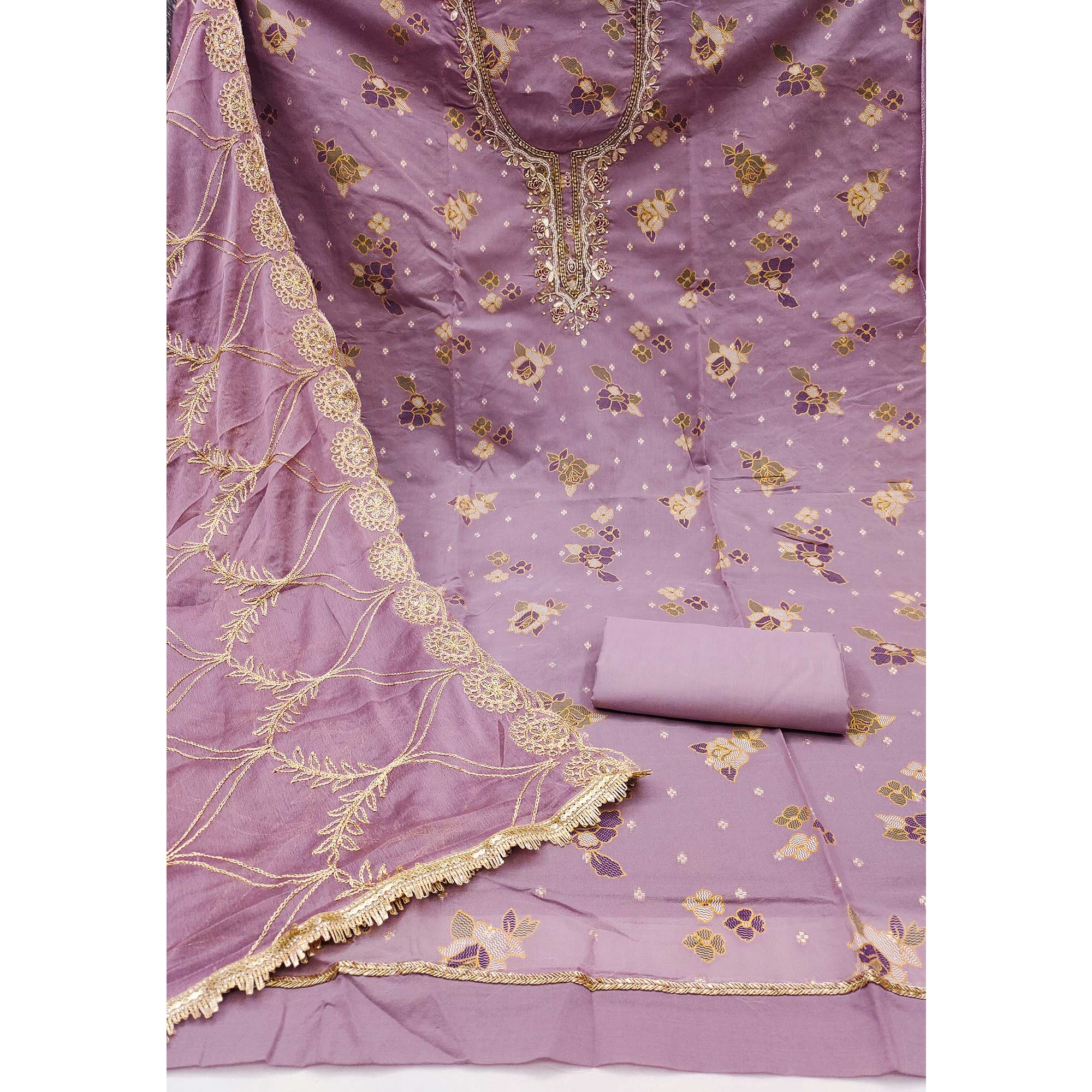 Purple Unstitched Dress Material in Shimmer Cotton Silk with Delicate Thread Work Embroidery