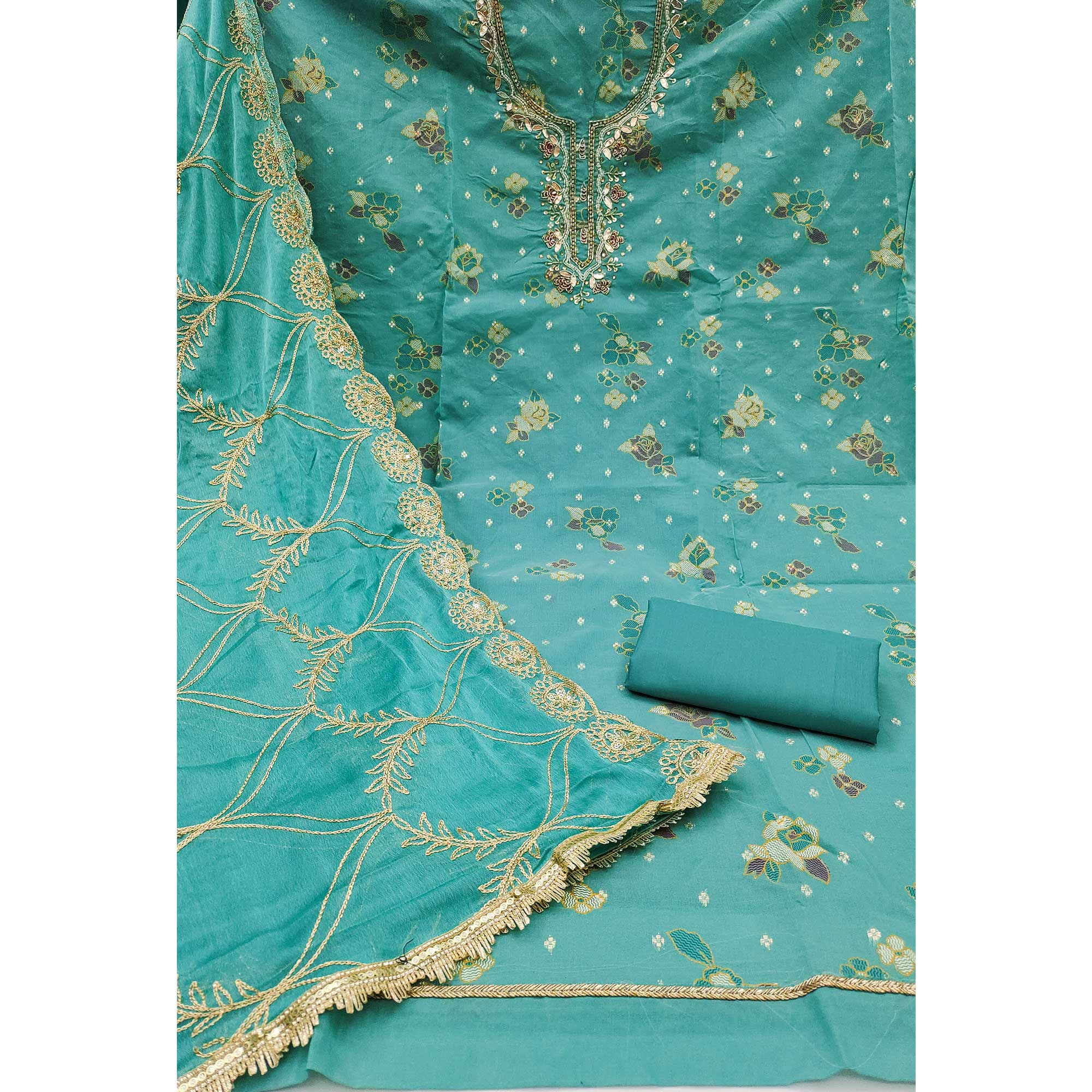 Rama Green Unstitched Dress Material in Shimmer Cotton Silk with Delicate Thread Work Embroidery