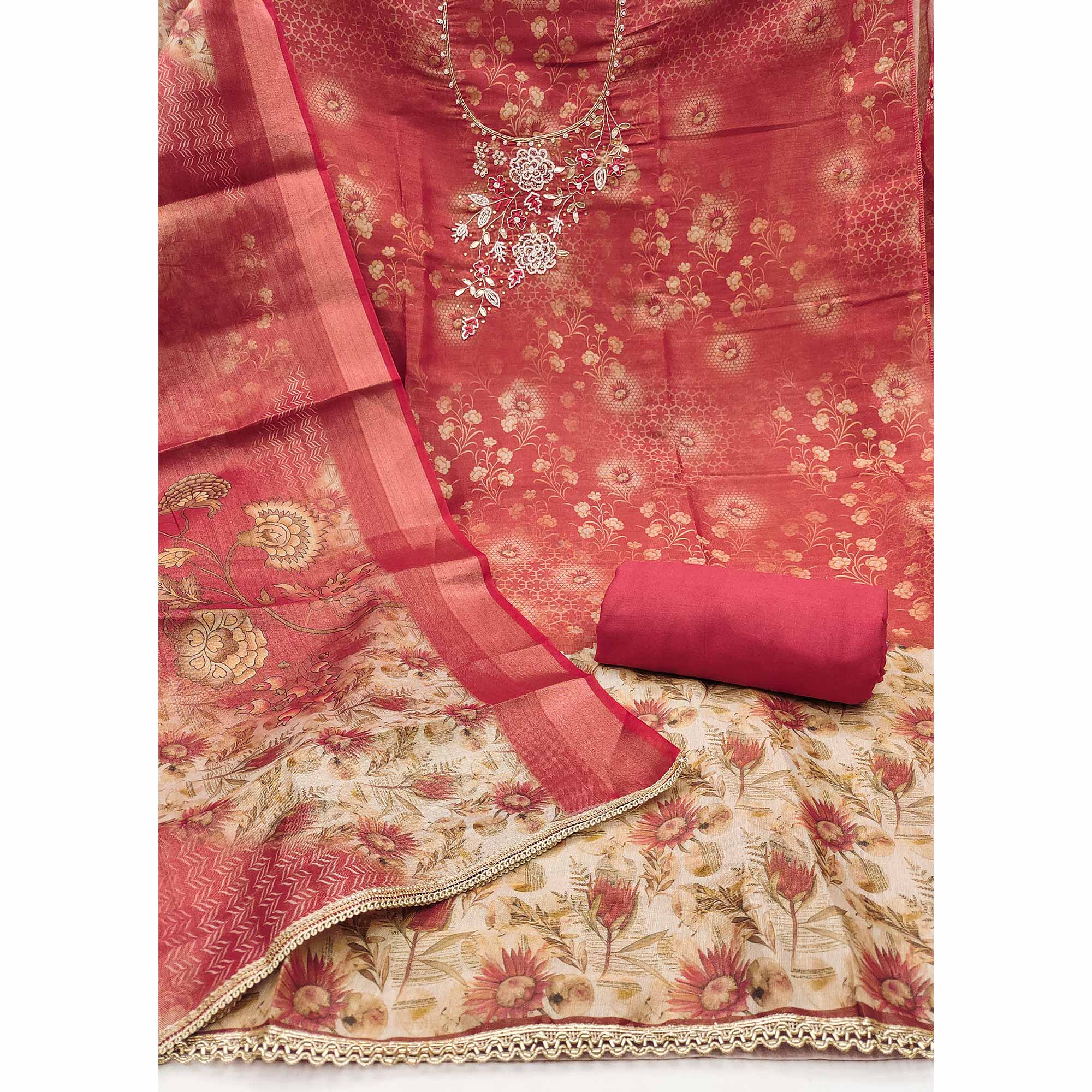 Gajri Pink Shimmer Cotton Silk Suit Fabric with Printed Motifs and Thread Embroidery