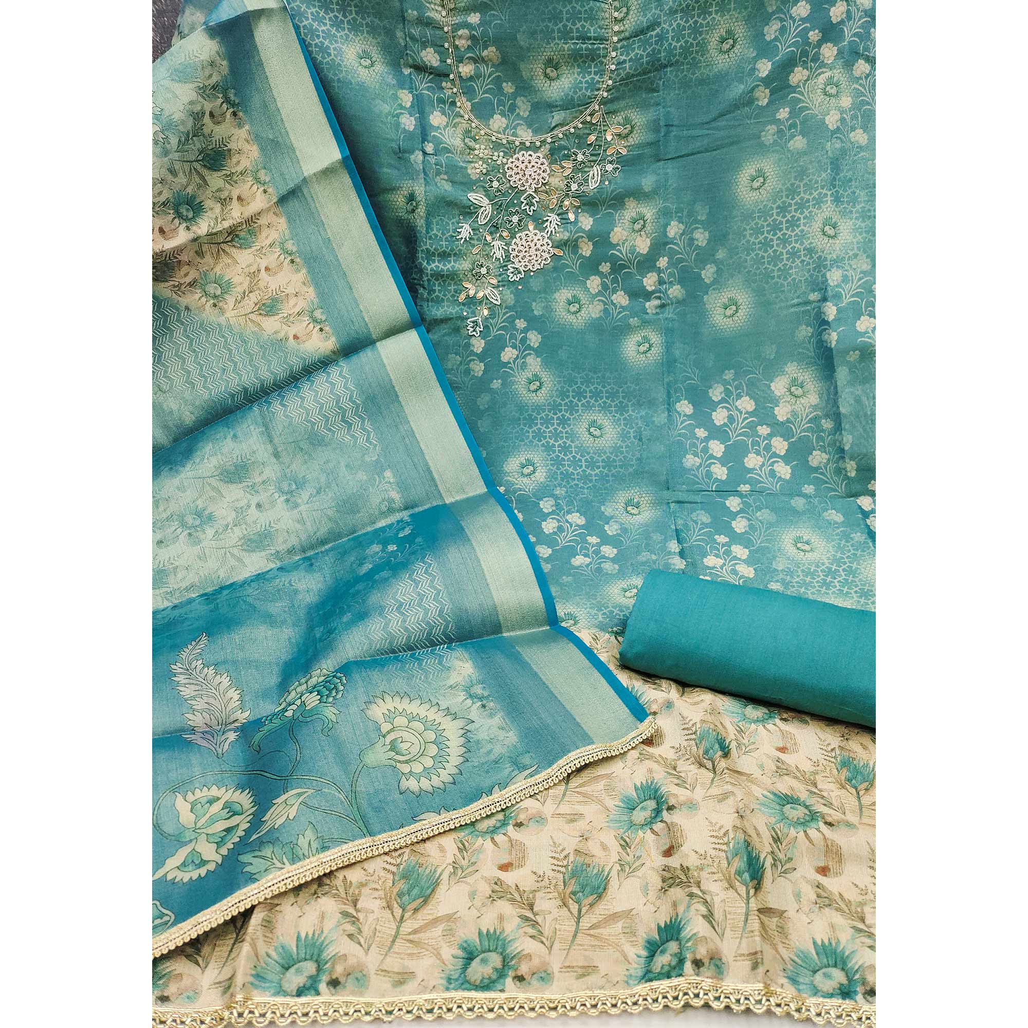 Rama Green Shimmer Cotton Silk Suit Fabric with Printed Motifs and Thread Embroidery