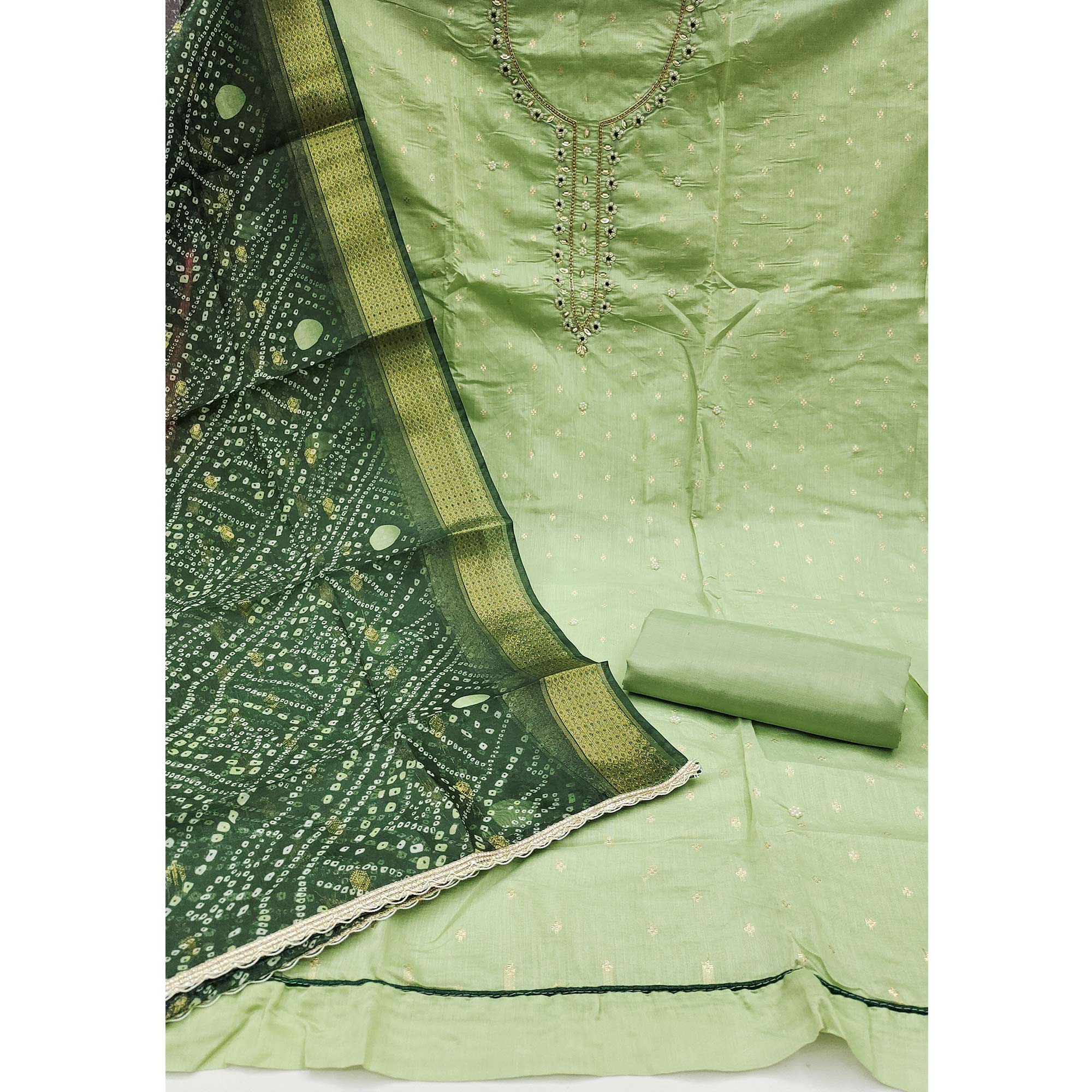 Green Woven Banarasi Cotton Silk Dress Material with Artistic Bead Work and Classic Texture