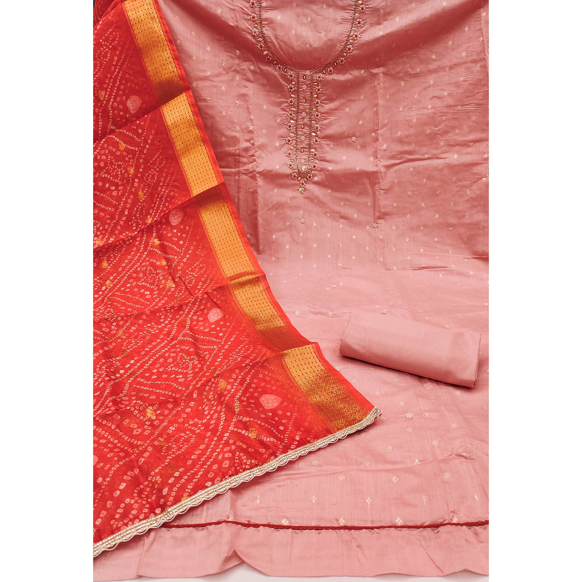 Peach Woven Banarasi Cotton Silk Dress Material with Artistic Bead Work and Classic Texture