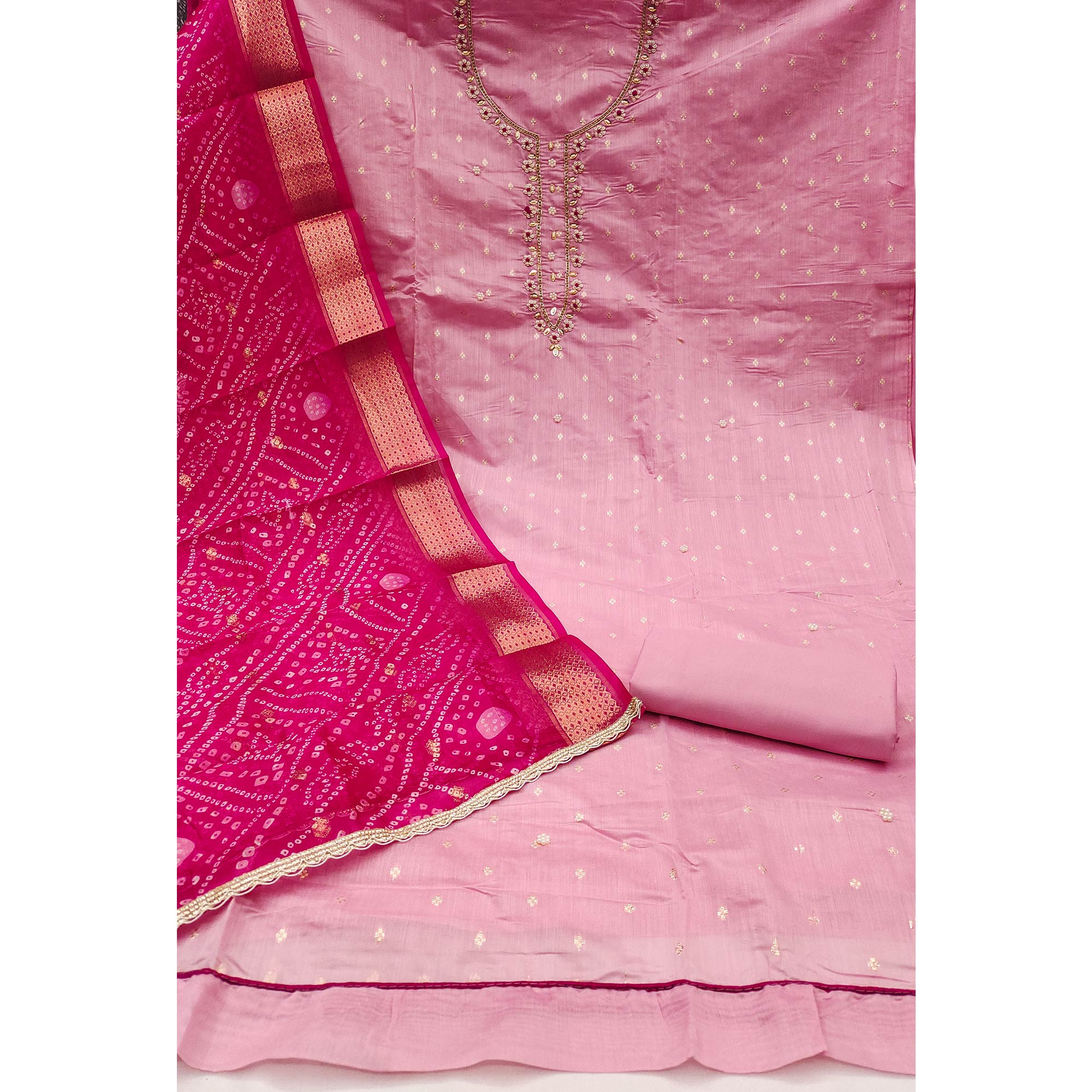 Pink Woven Banarasi Cotton Silk Dress Material with Artistic Bead Work and Classic Texture