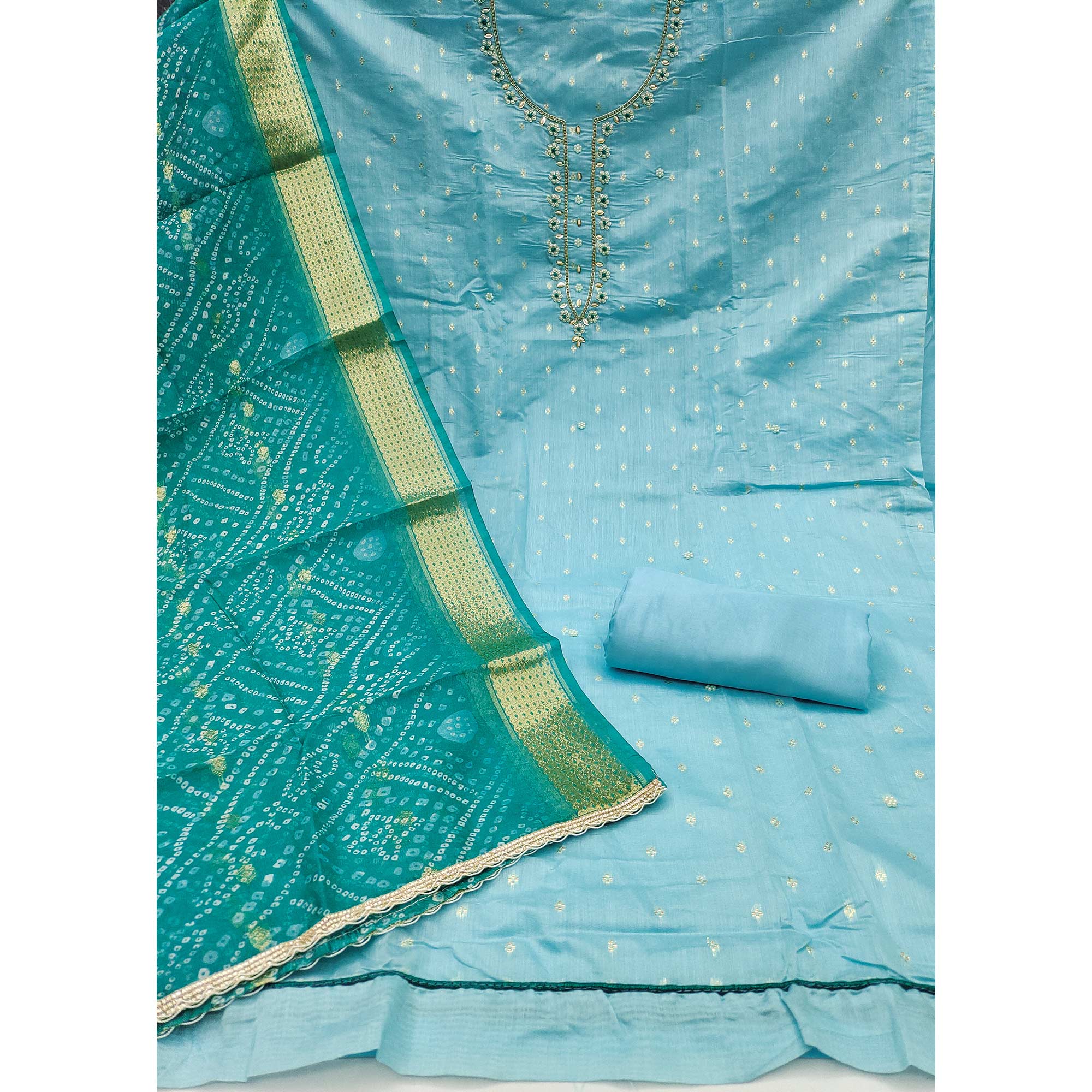 Sky Blue Woven Banarasi Cotton Silk Dress Material with Artistic Bead Work and Classic Texture