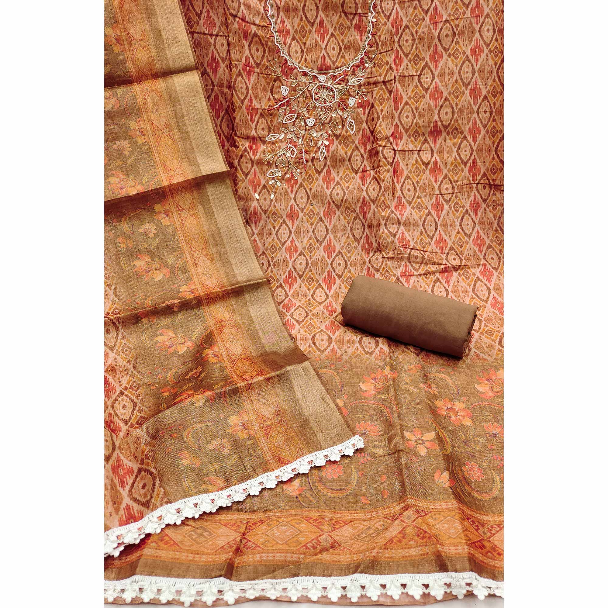 Brown Ikkat Printed Shimmer Cotton Silk Unstitched Dress Material with Elegant Beads Work