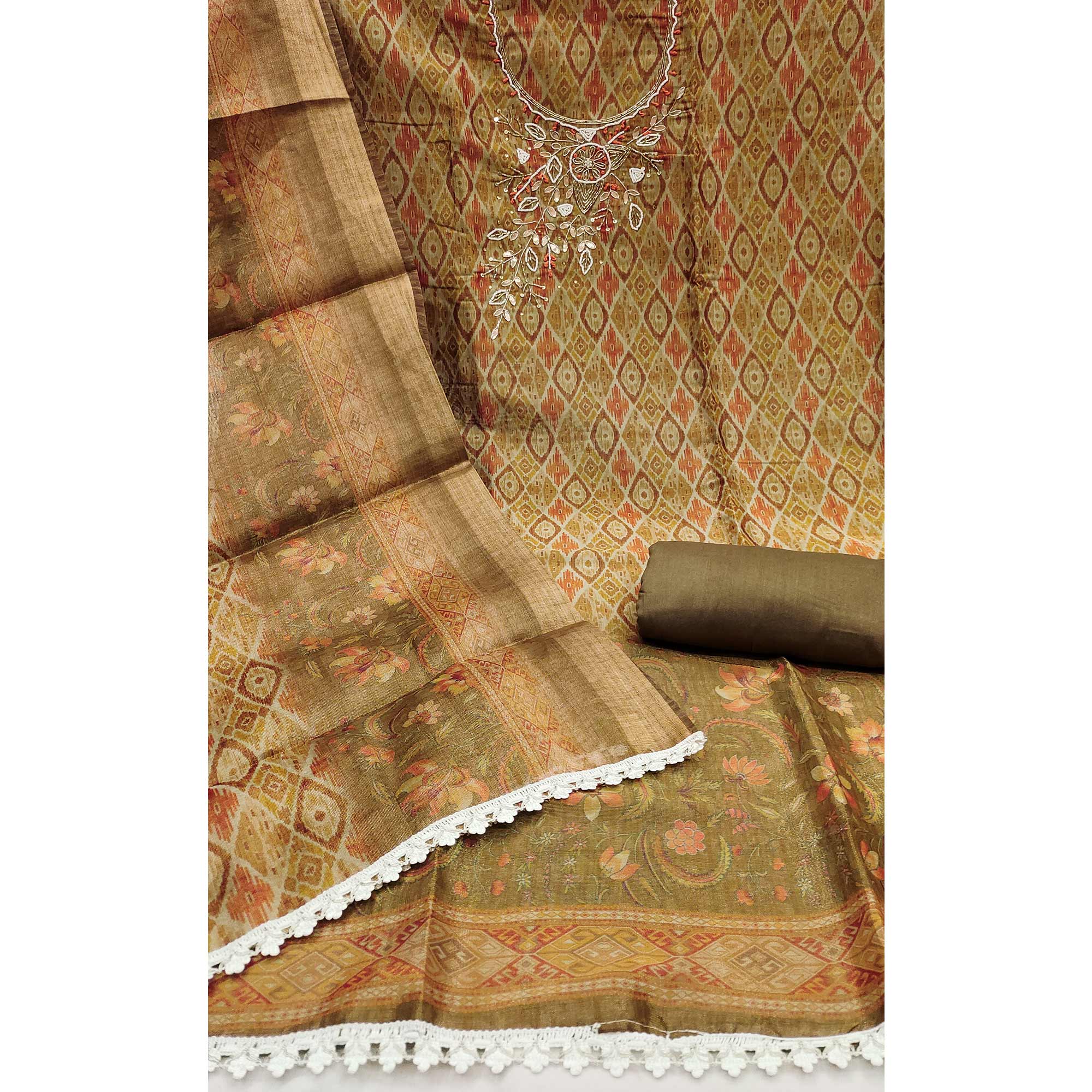 Green Ikkat Printed Shimmer Cotton Silk Unstitched Dress Material with Elegant Beads Work