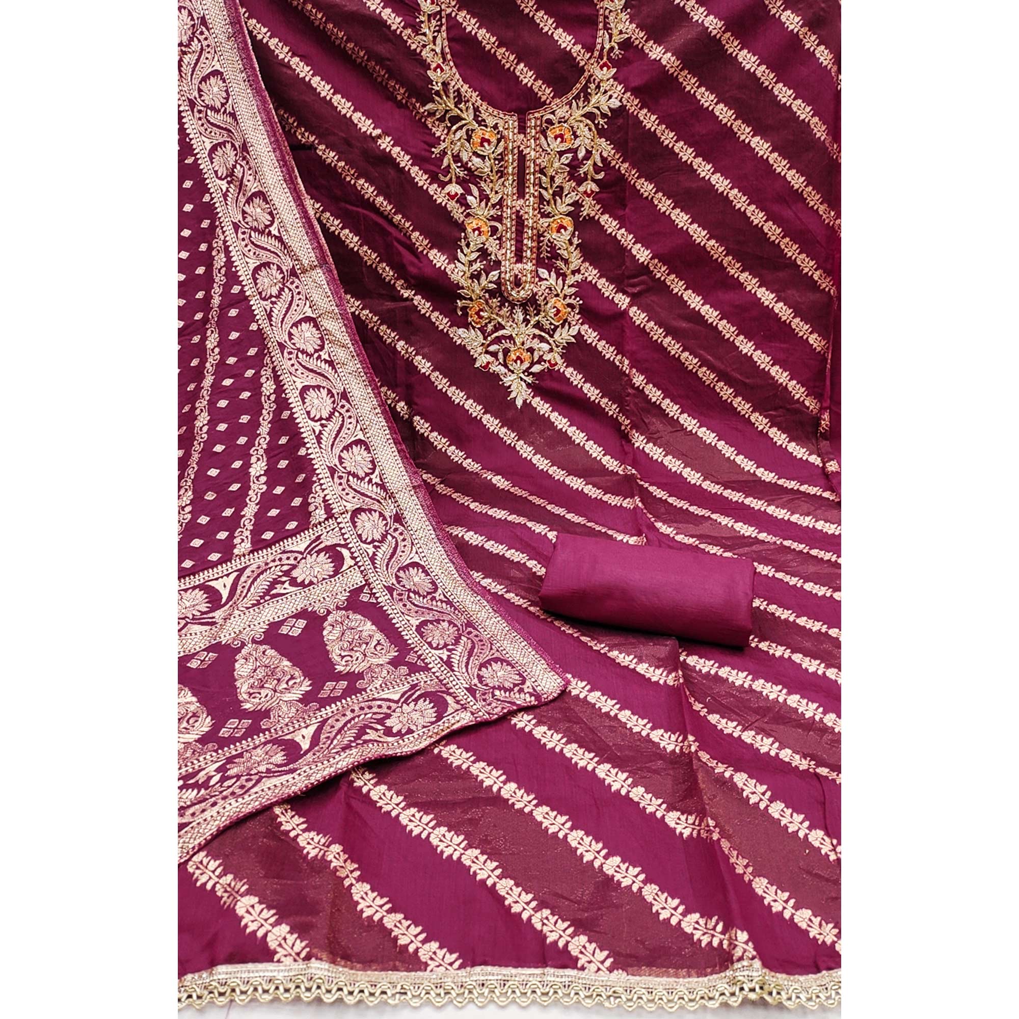 Magenta Shimmer Cotton Silk Suit Material Featuring Zari Weaving and Artistic Embroidered Detailing