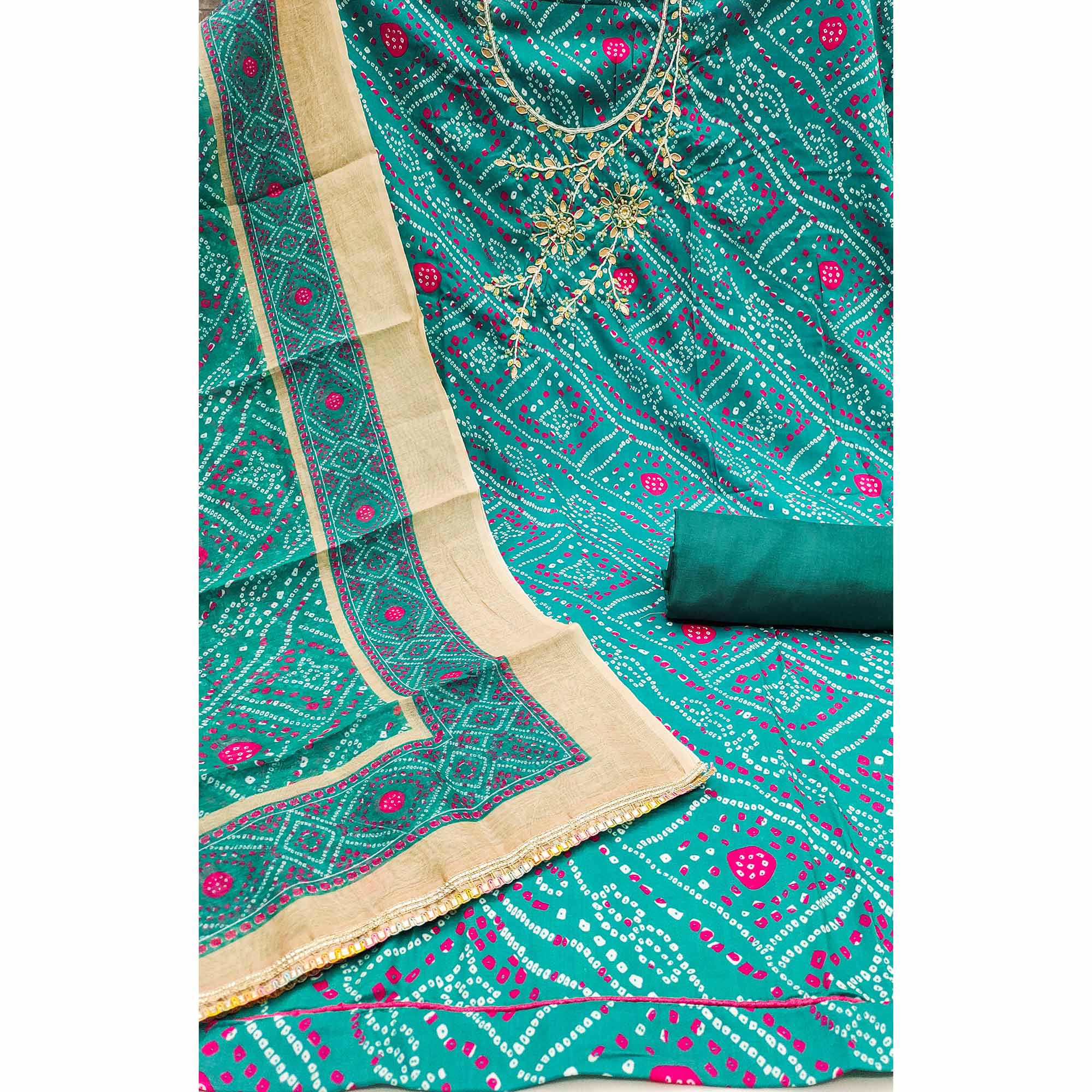 Rama Green Bandhani Print Unstitched Dress Material with Beautiful Gotta Patti Work for Festive Wear